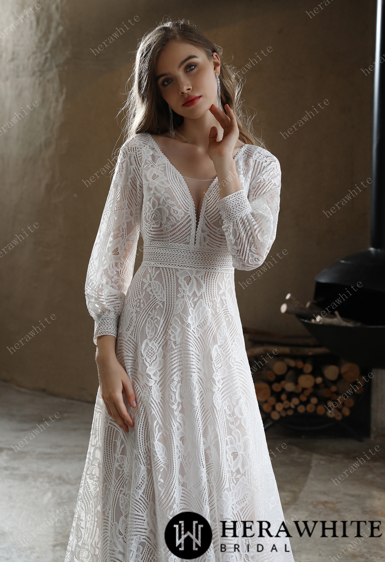 Unique Plunging V-neck Lace Bohemian wedding Dress