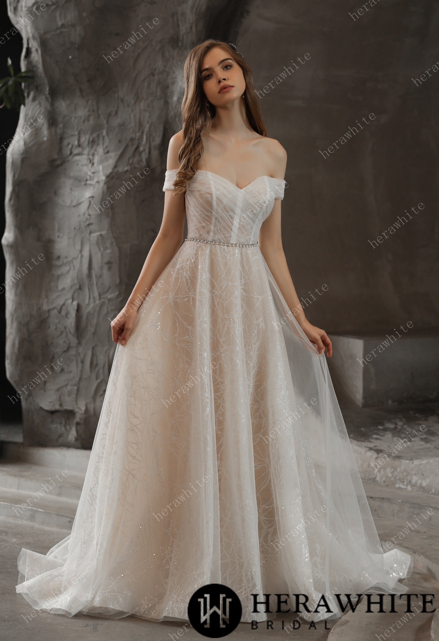 Shimmer Off-the-shoulder Neckline A-line Tulle Wedding Dress