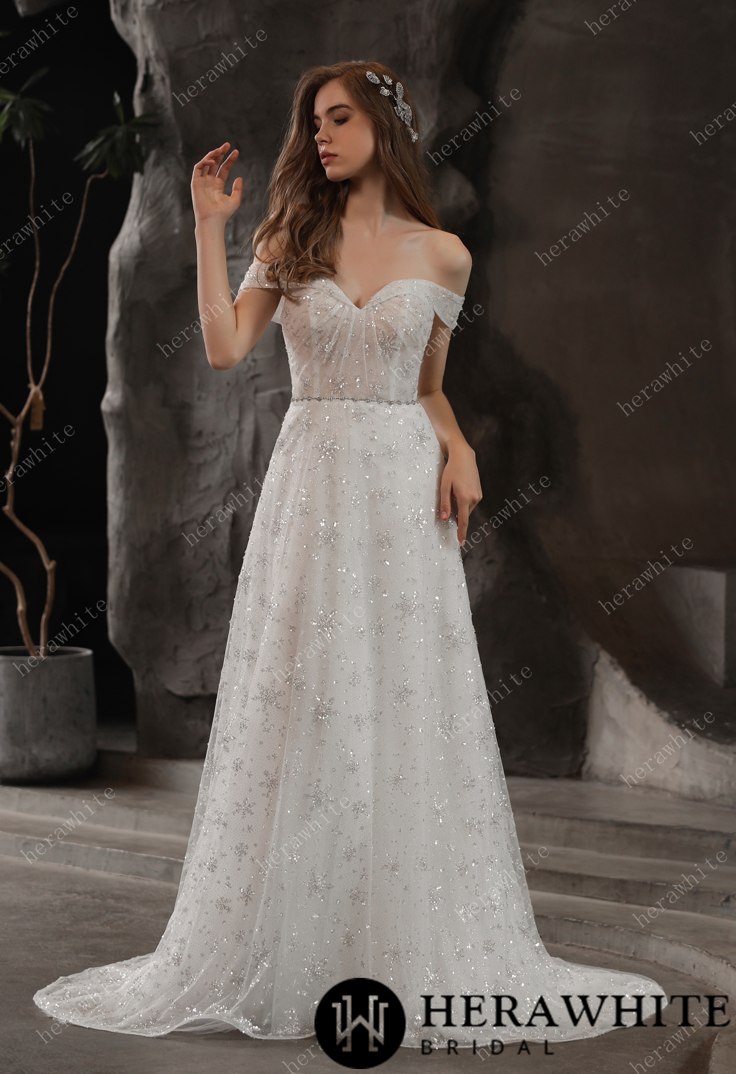 Sparkly Beaded Lace A-Line Off the Shoulder Wedding Dress