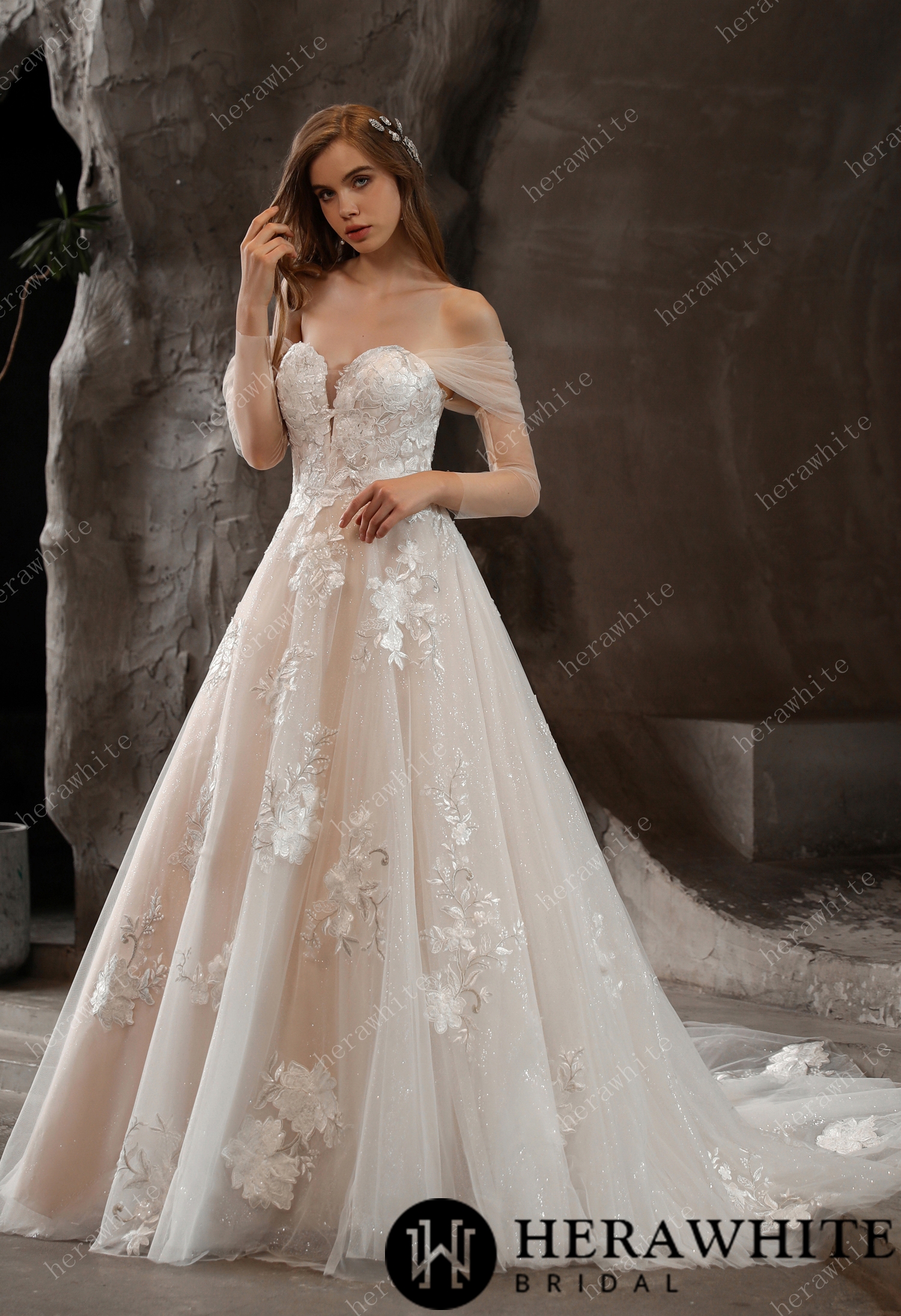Off-the-Shoulder Romantic Ballgown Glamorous Floral Motifs Wedding Dress