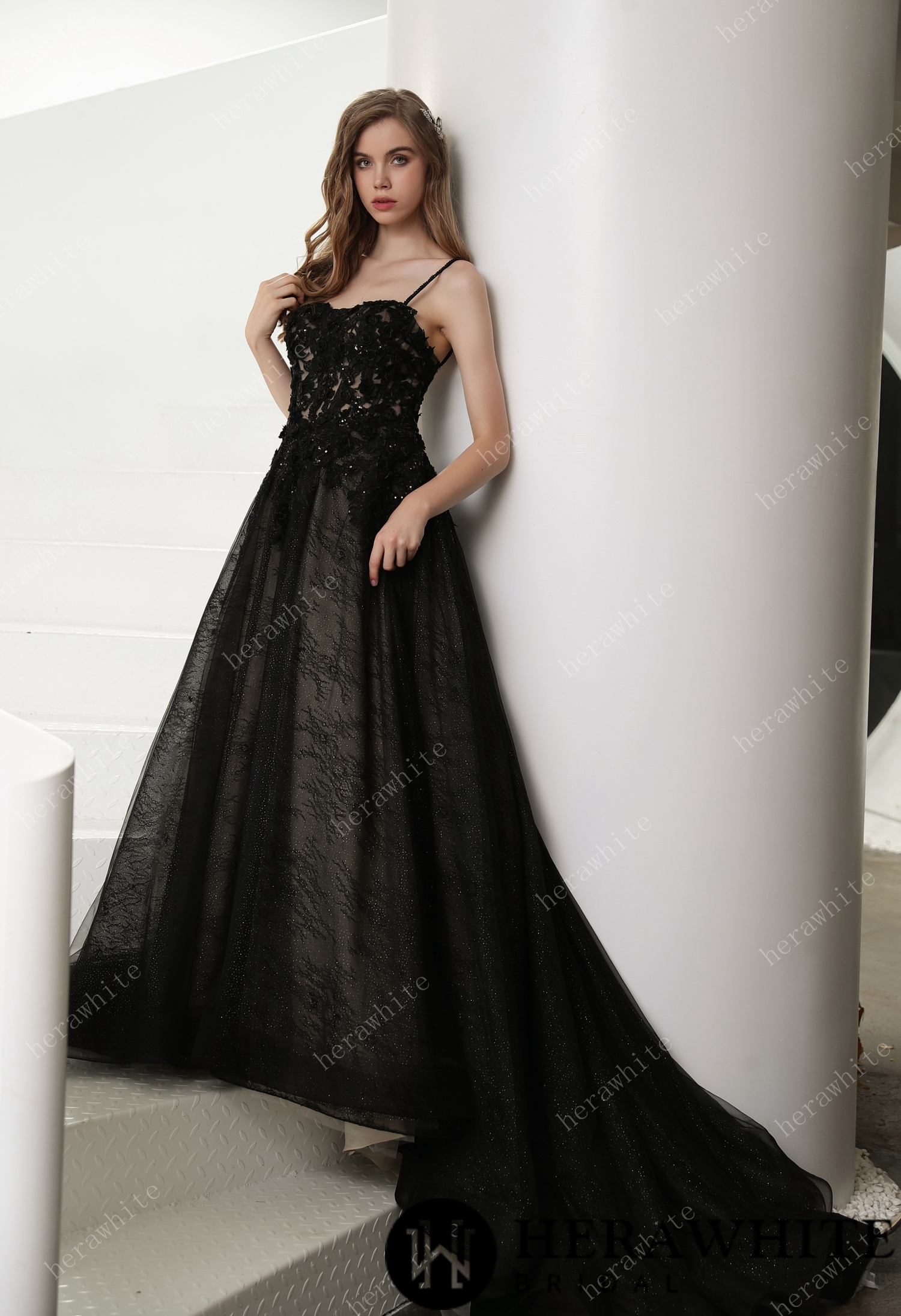Black Illusion Lace Detachable Long Sleeves Wedding Dress