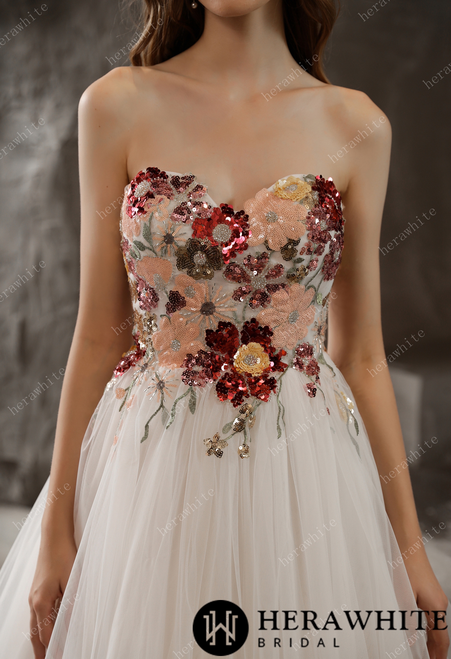 Sweetheart Floral Sleeveless Princess Sequin Chapel Train Wedding Dress