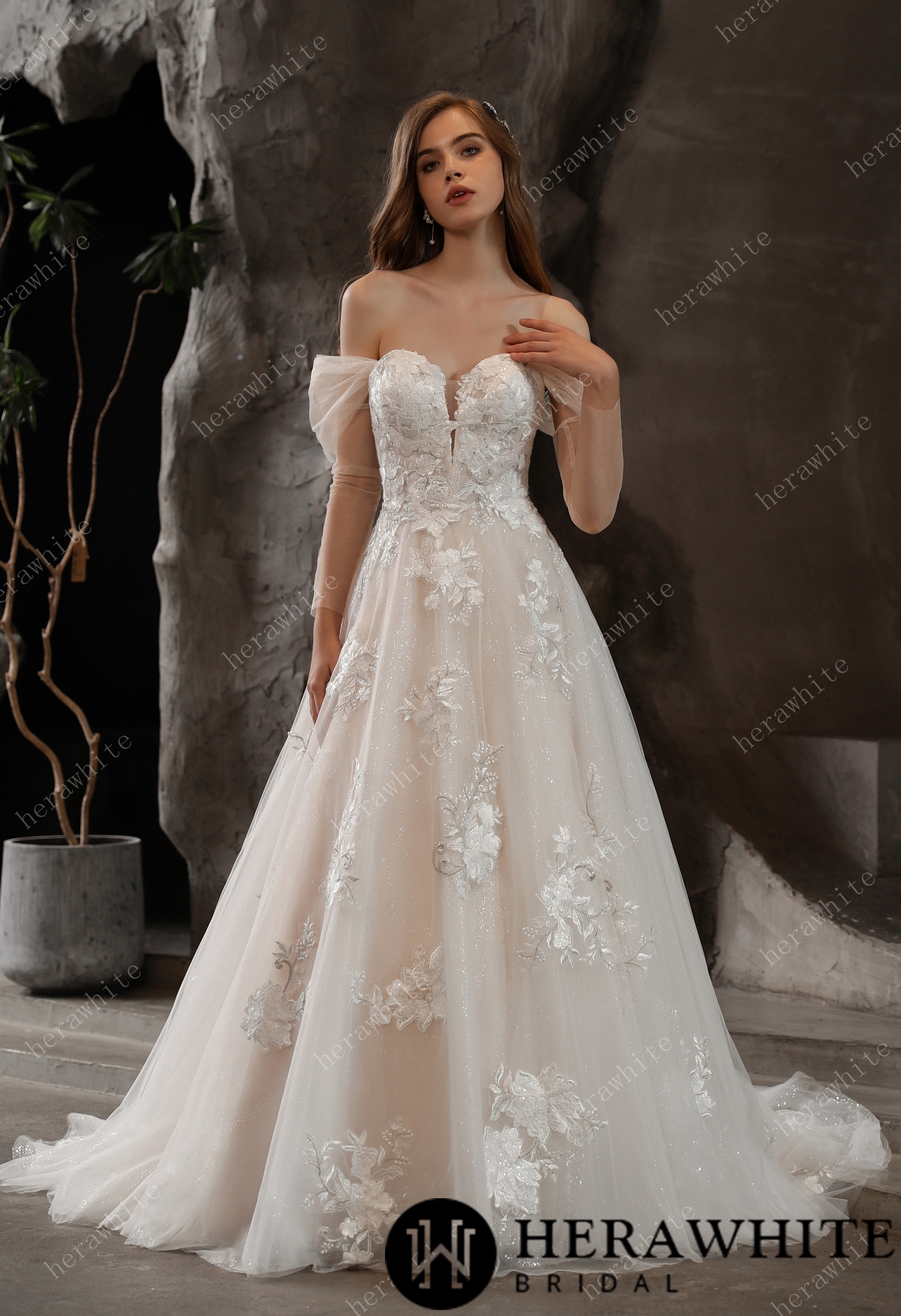 Off-the-Shoulder Romantic Ballgown Glamorous Floral Motifs Wedding Dress