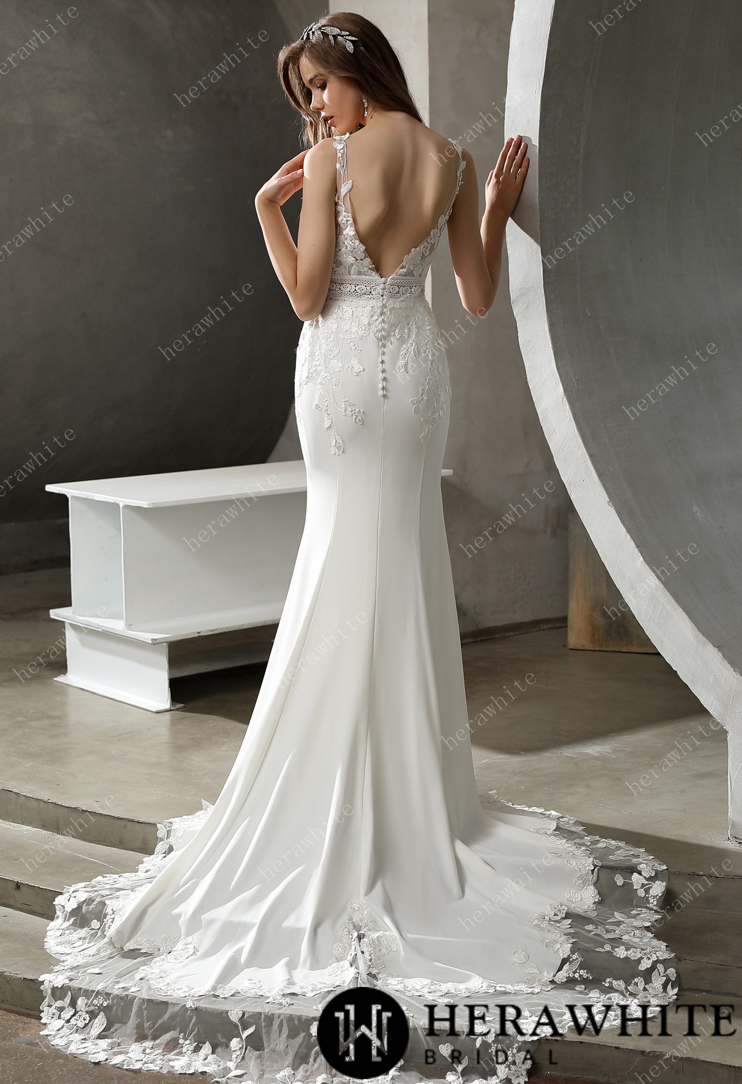 V Neck Crepe Lace Fit and Flare Court Train Wedding Dress