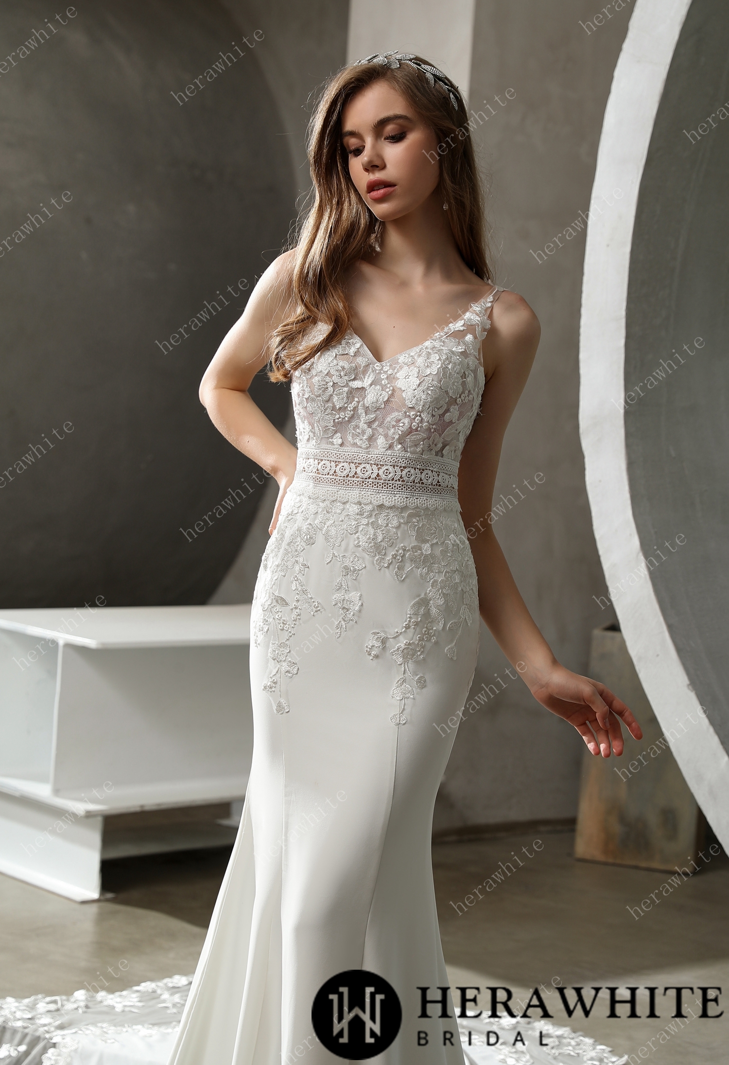V Neck Crepe Lace Fit and Flare Court Train Wedding Dress