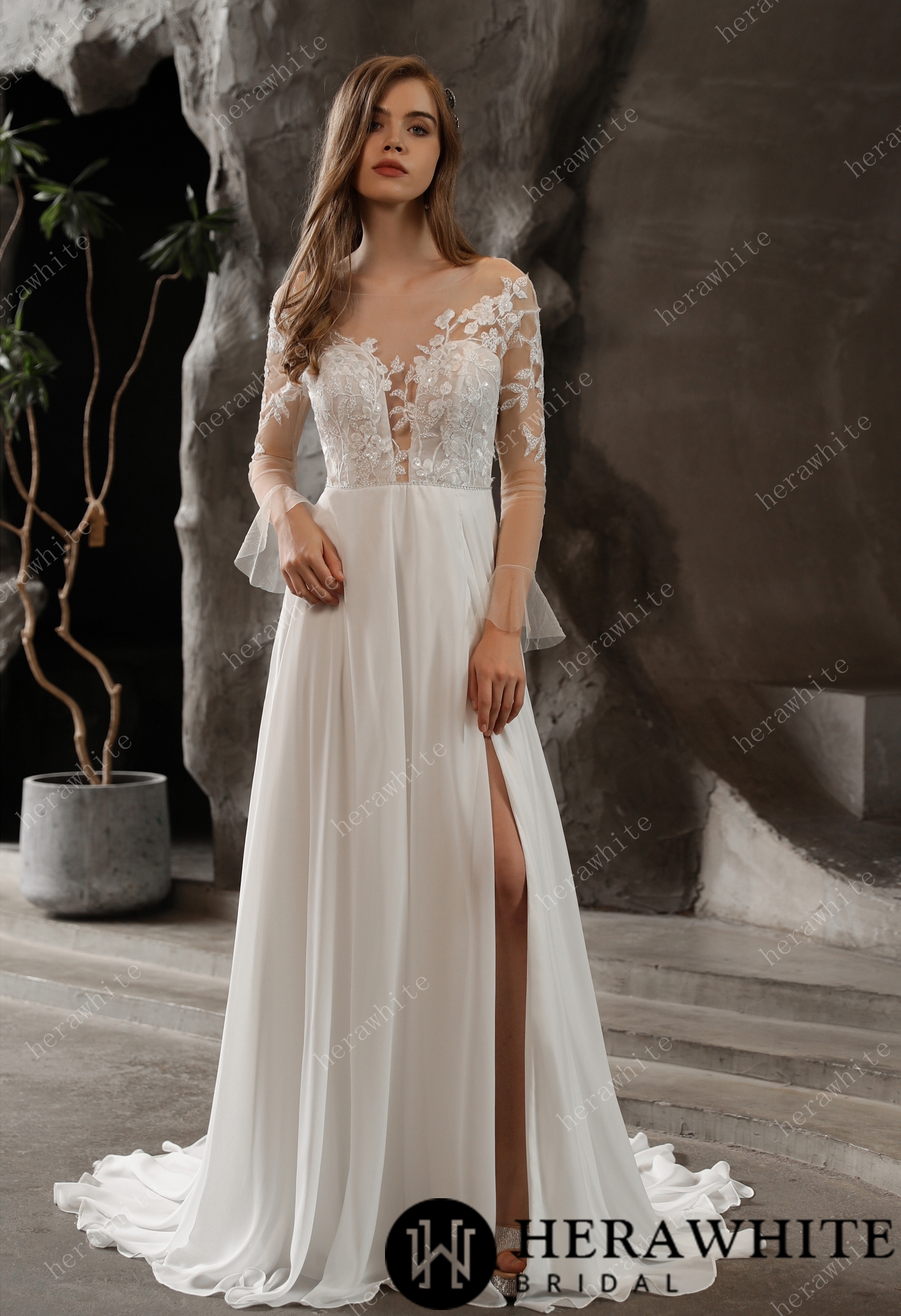 Chiffon Illusion Lace Dreamy A-line Slit Sweep Train Wedding Dress