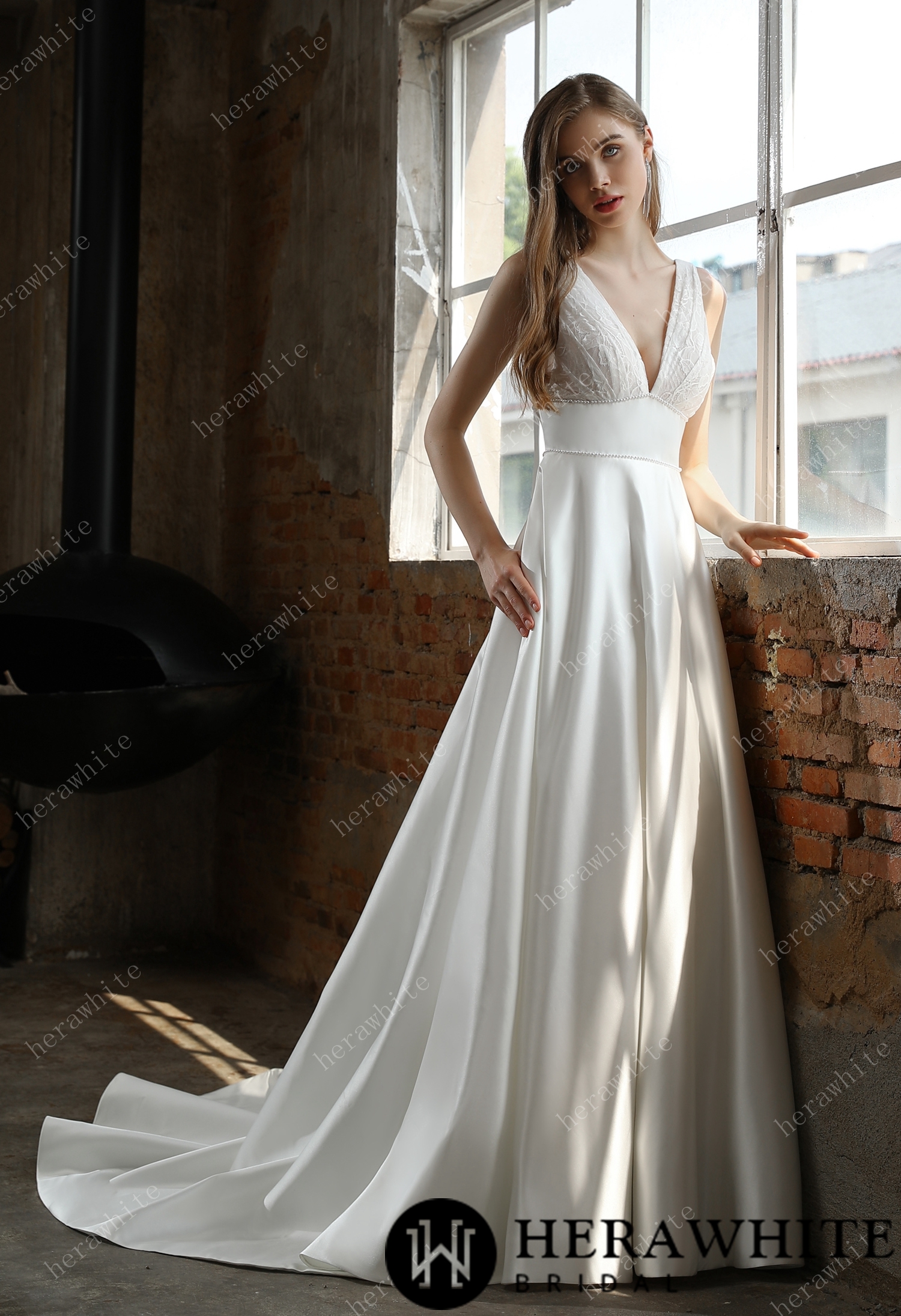 Timeless Satin V-neck Chapel Train Wedding Dress