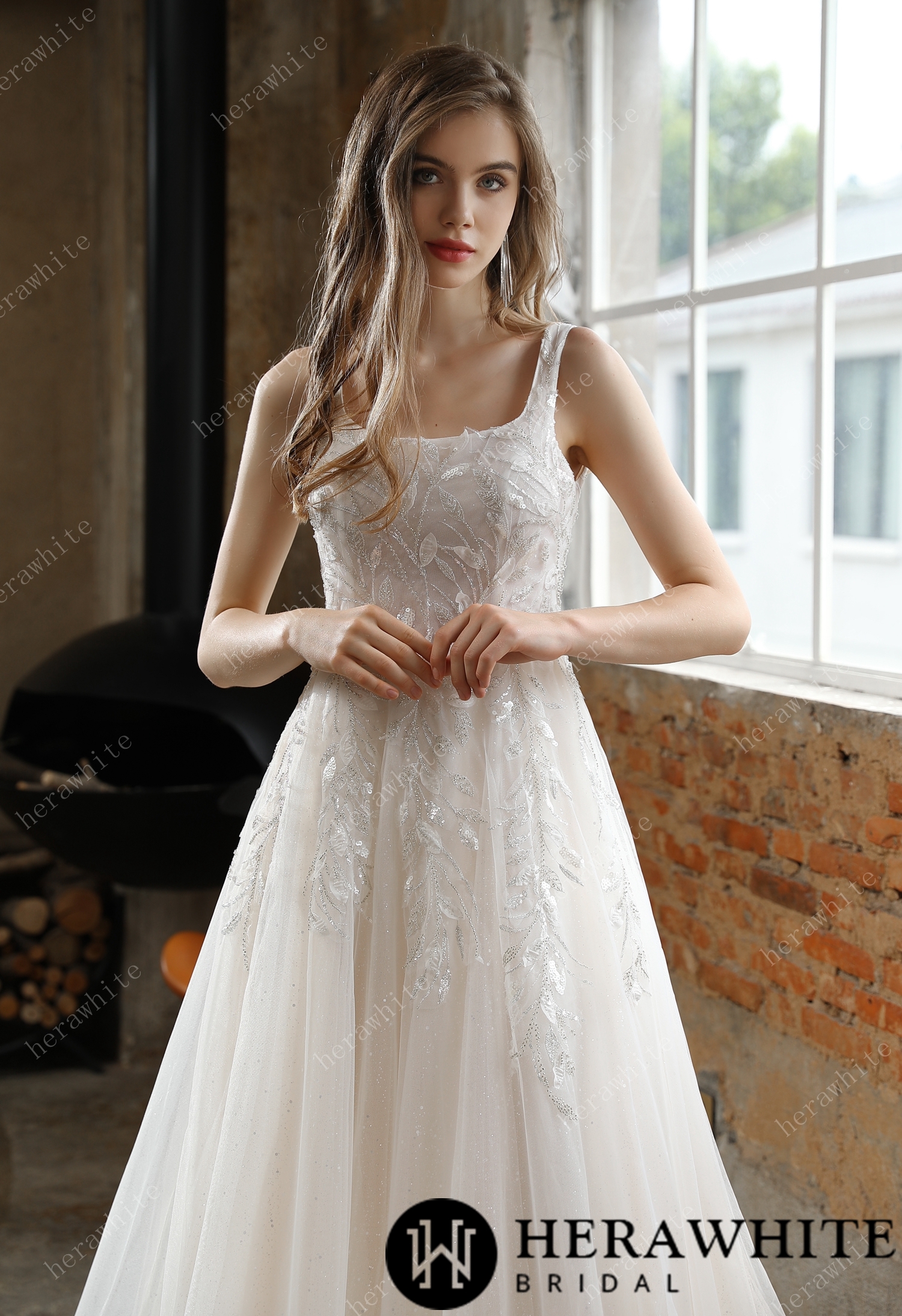 Square Neckline Delicate Leafy Lace Wedding Dress