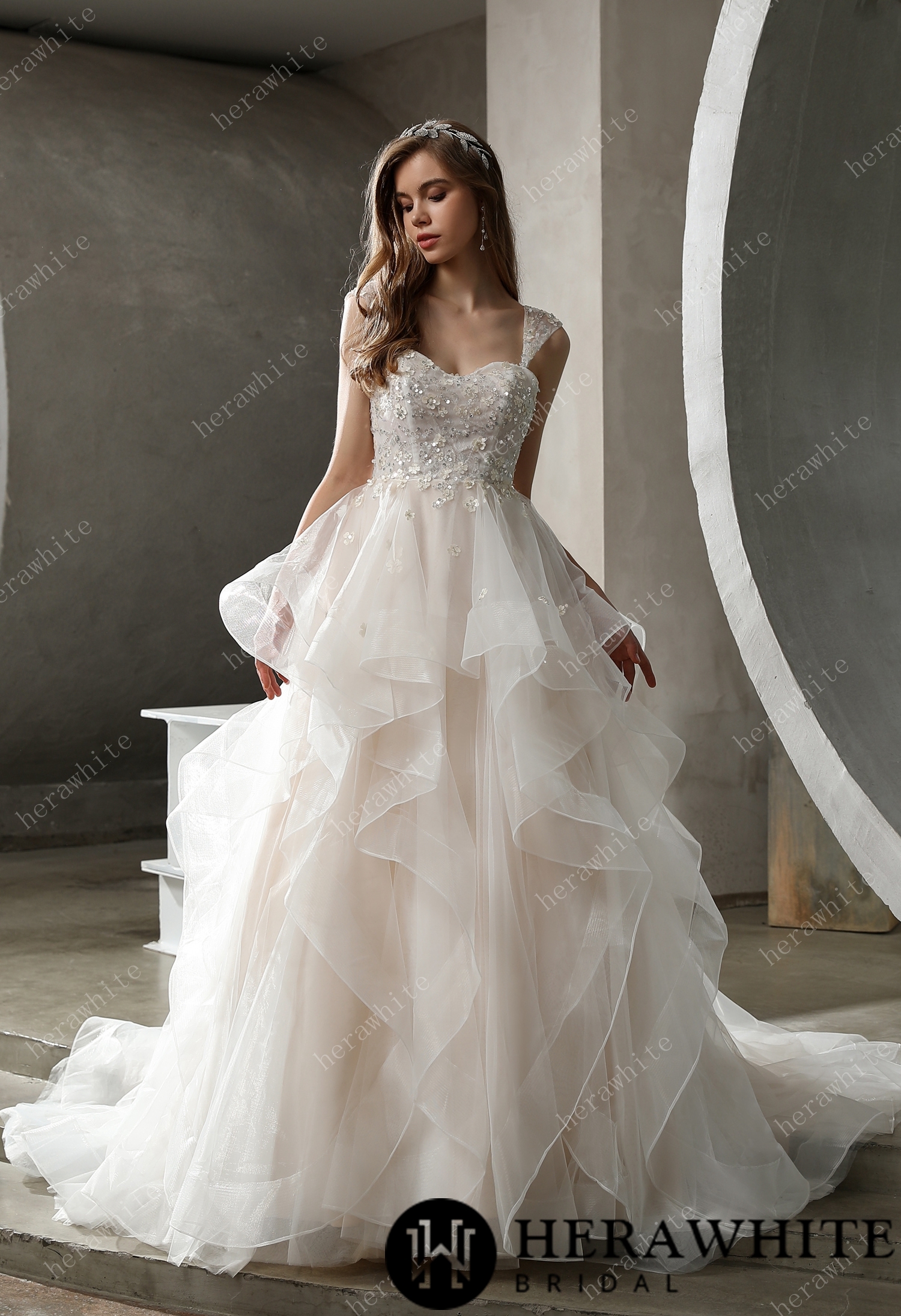 Dreamy Beaded Tulle Ruffled Ballgown Wedding Dress