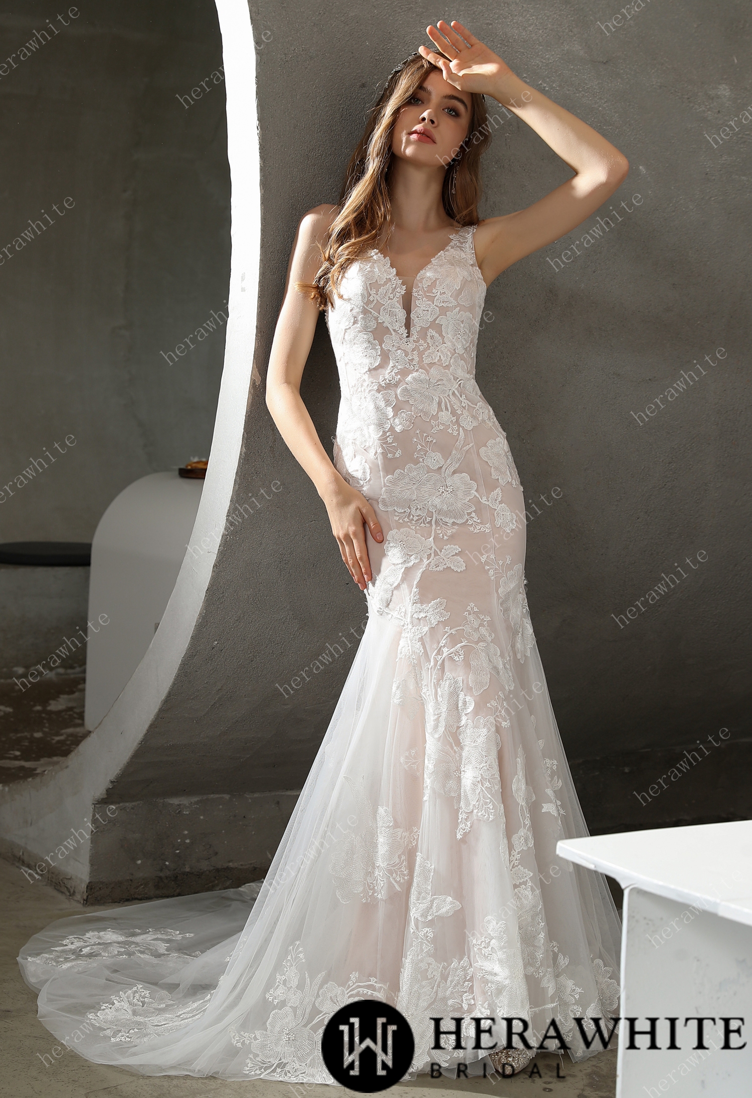 Floral Lace Plunging V-neck Flutter Sleeves Wedding Dress