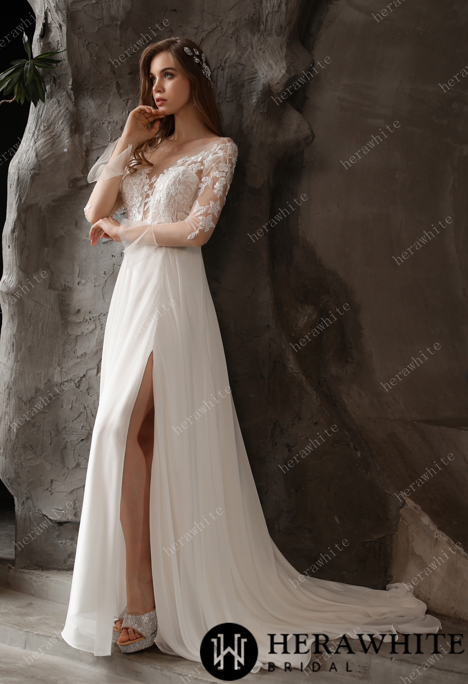 Chiffon Illusion Lace Dreamy A-line Slit Sweep Train Wedding Dress