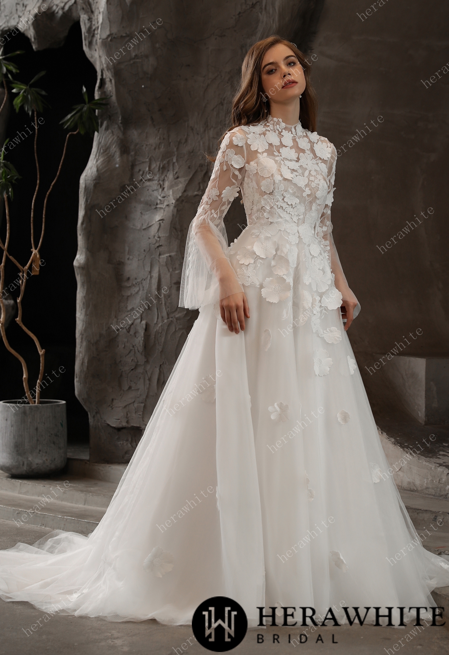 High Neck 3D Flowers Flare Sleeves Tulle Key Hole Court Train Wedding Dress