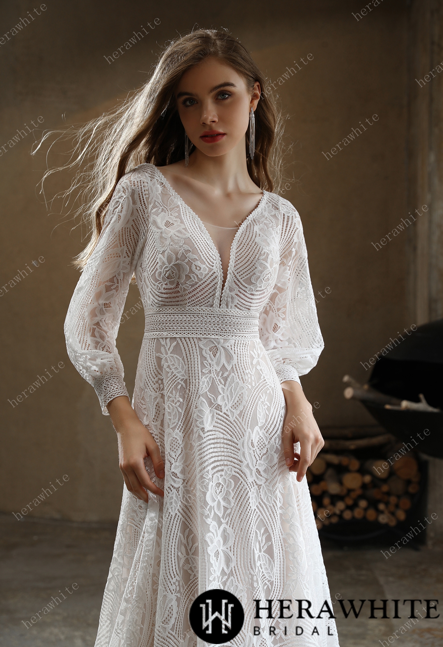 Unique Plunging V-neck Lace Bohemian wedding Dress