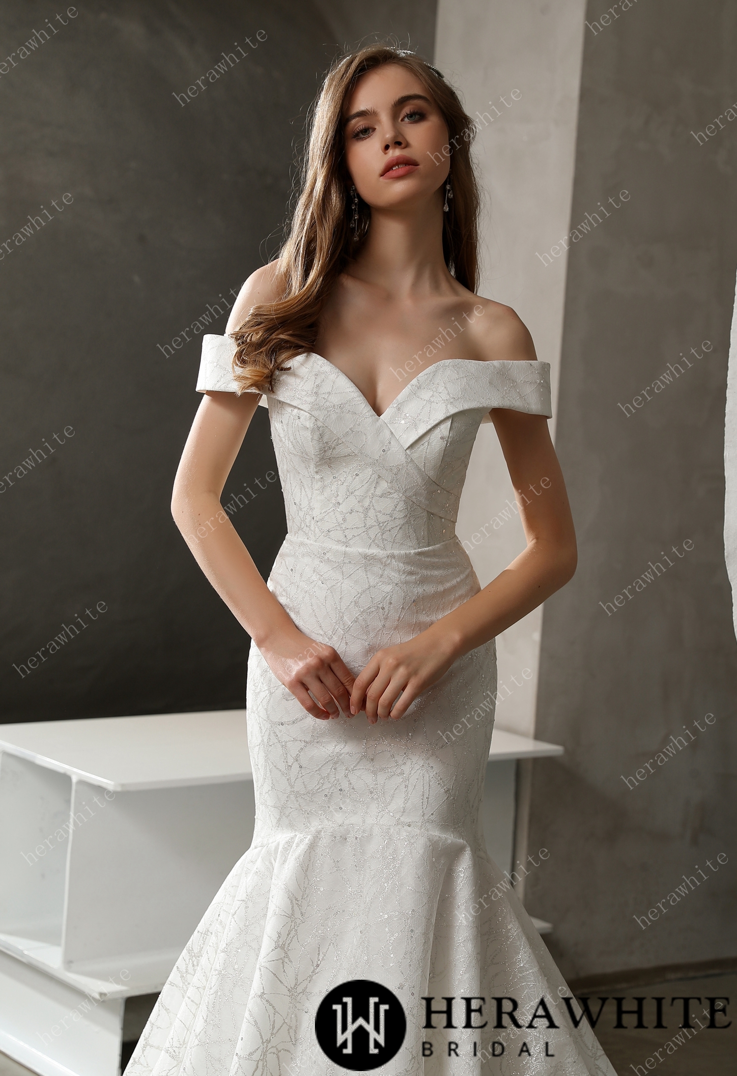 Off the Shoulder Mermaid Chapel Train Wedding Dress