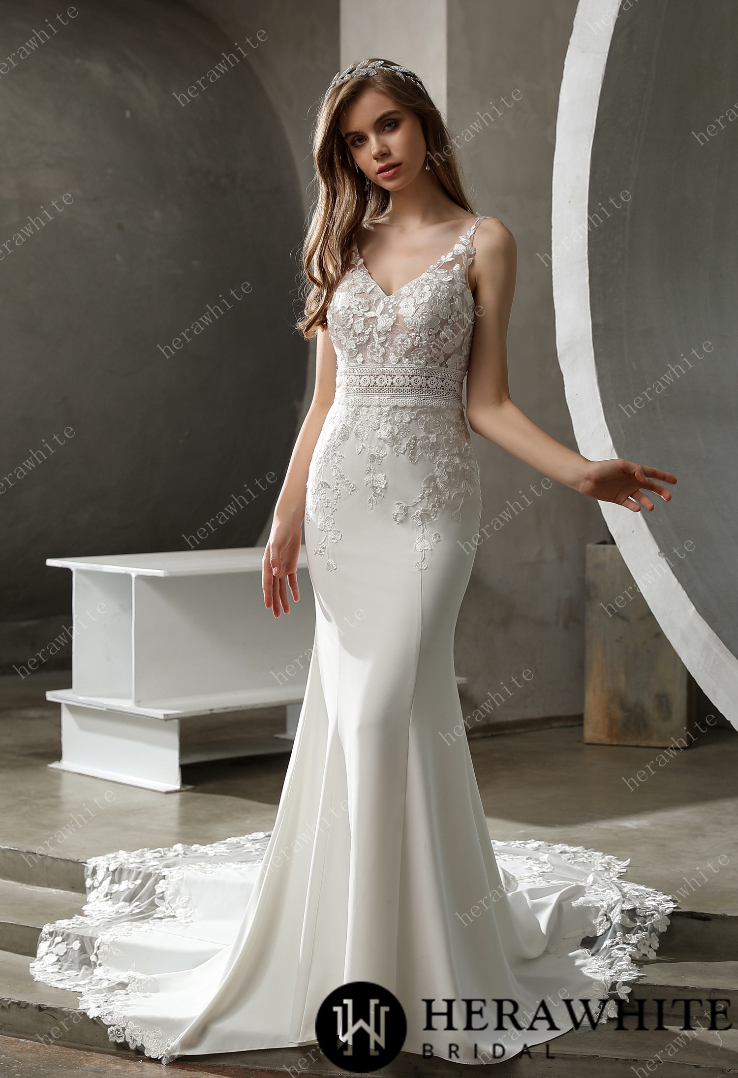 V Neck Crepe Lace Fit and Flare Court Train Wedding Dress