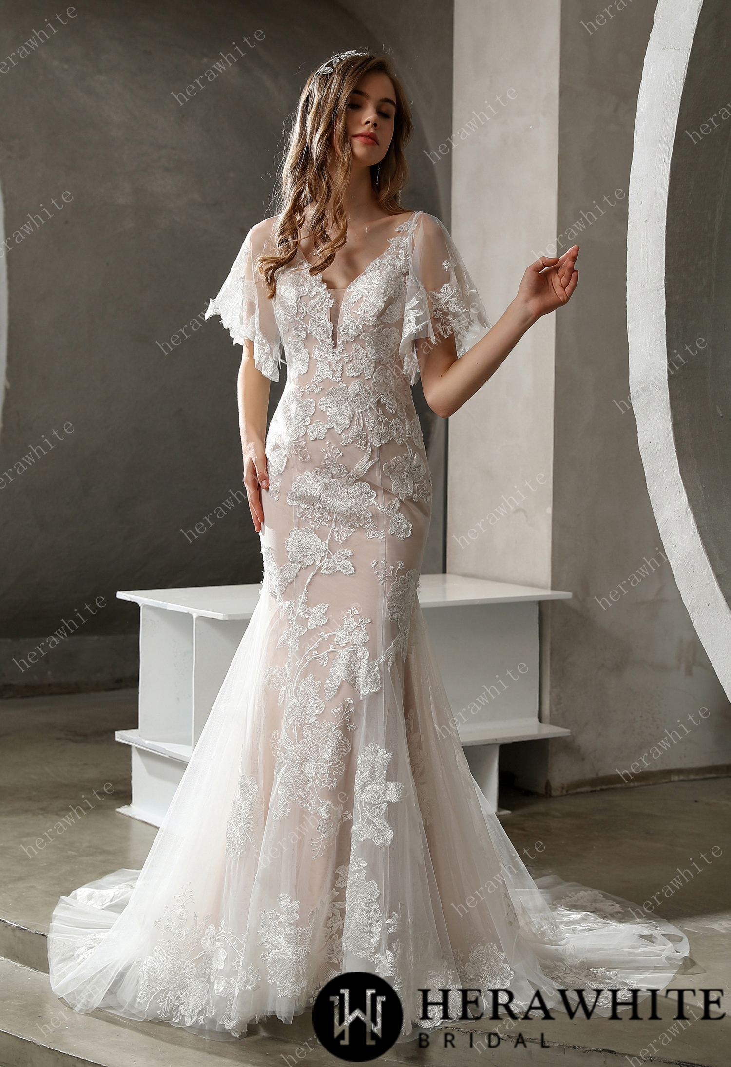 Floral Lace Plunging V-neck Flutter Sleeves Wedding Dress