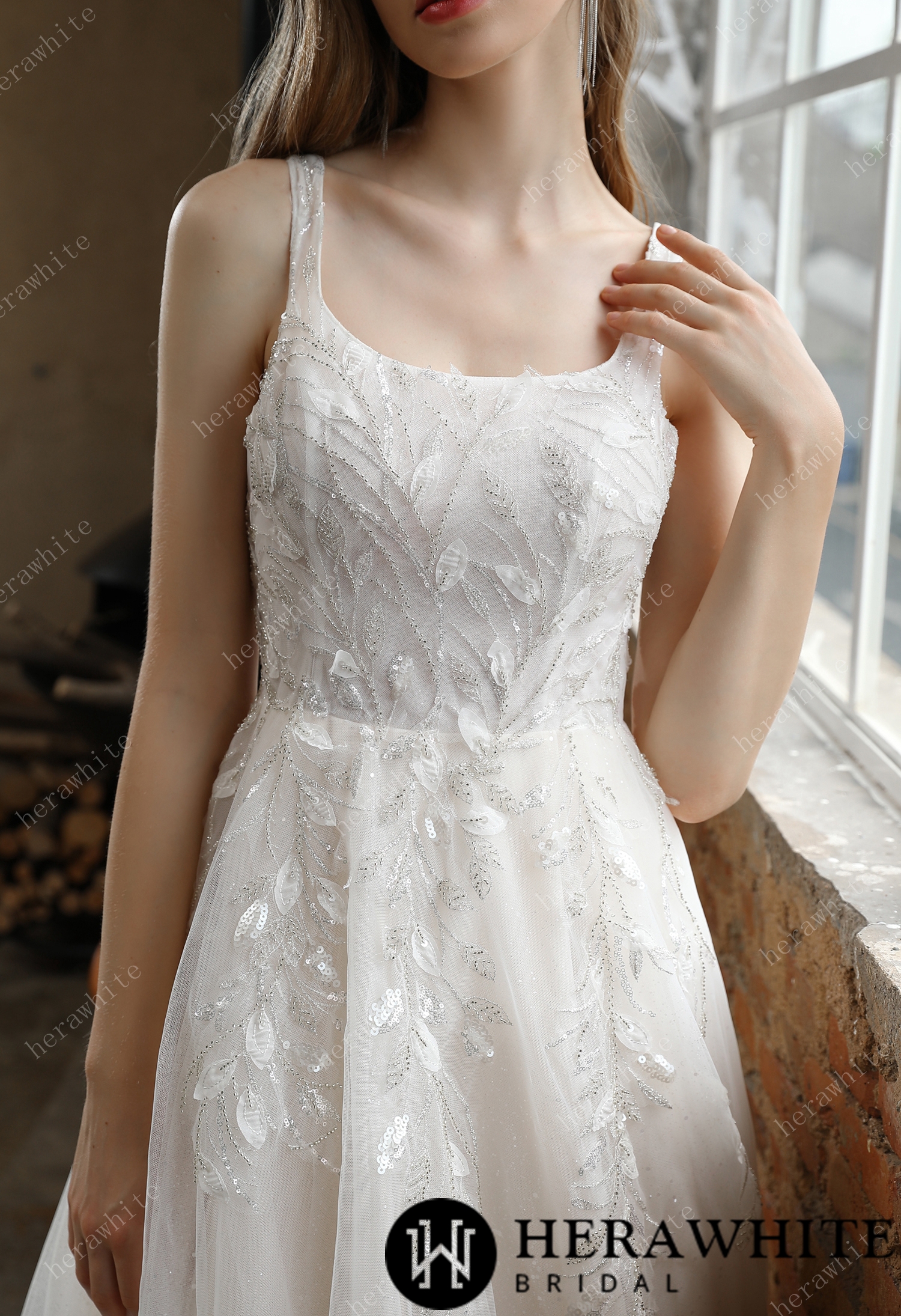 Square Neckline Delicate Leafy Lace Wedding Dress