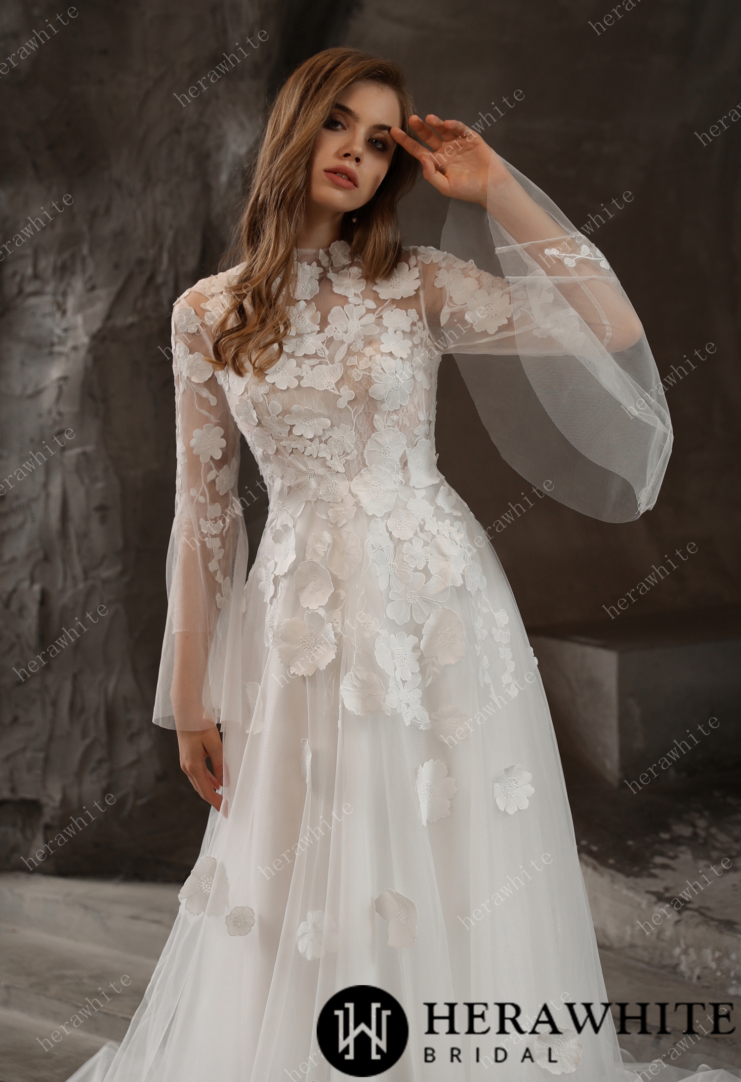 Illusion Long Sleeve High-neck White Lace Wedding Gown - VQ