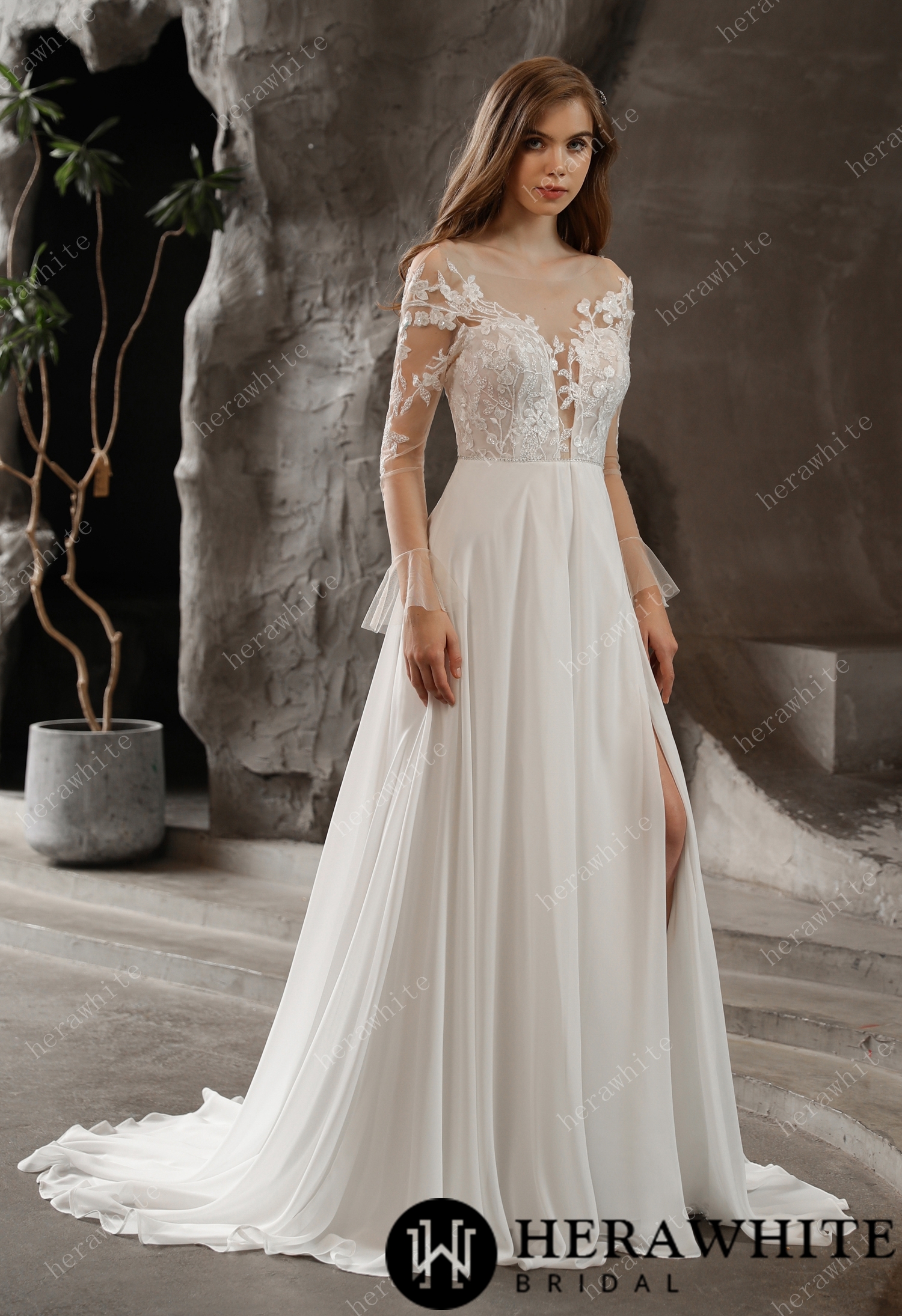 Chiffon Illusion Lace Dreamy A-line Slit Sweep Train Wedding Dress