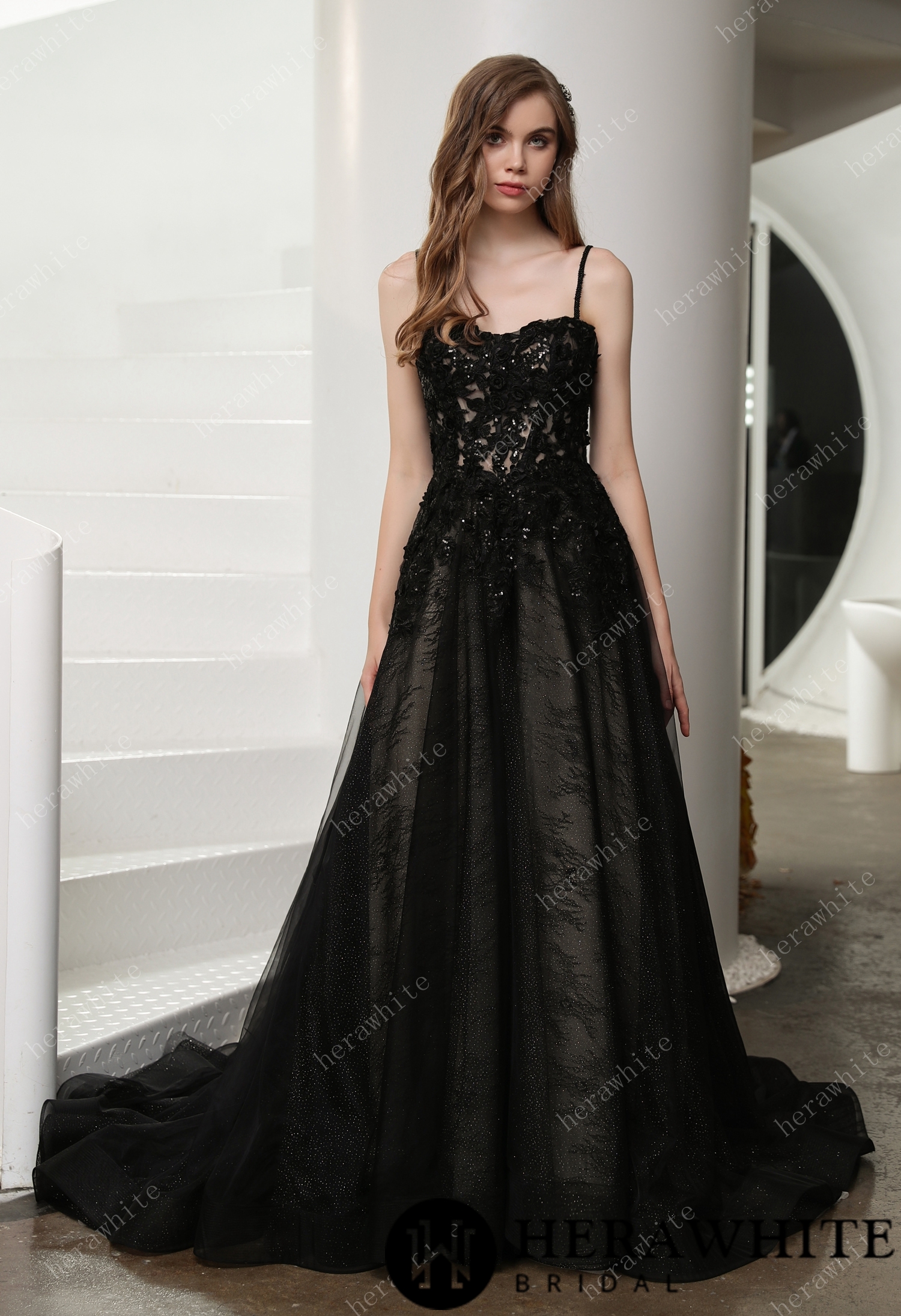 Black Illusion Lace Detachable Long Sleeves Wedding Dress