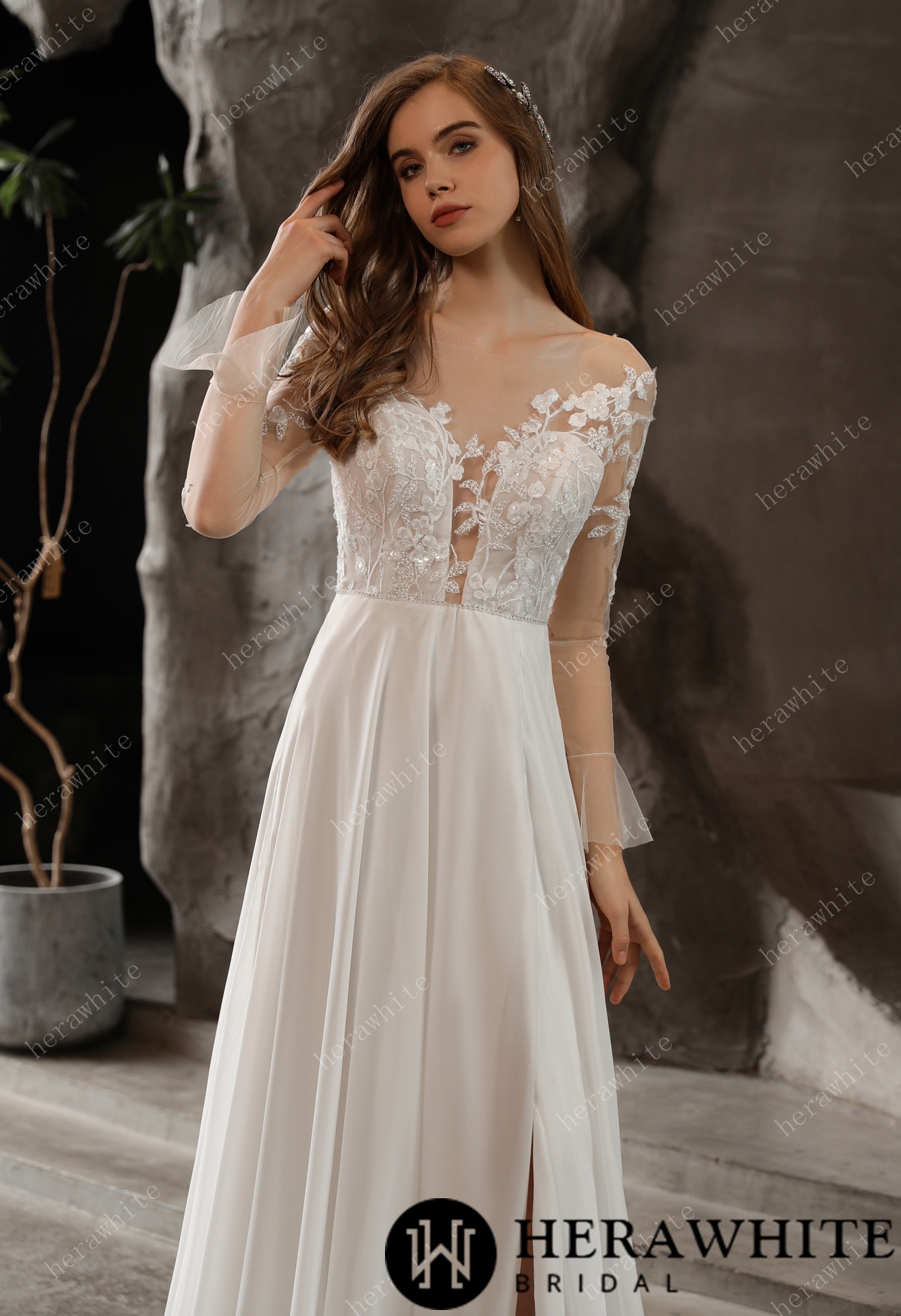 Chiffon Illusion Lace Dreamy A-line Slit Sweep Train Wedding Dress