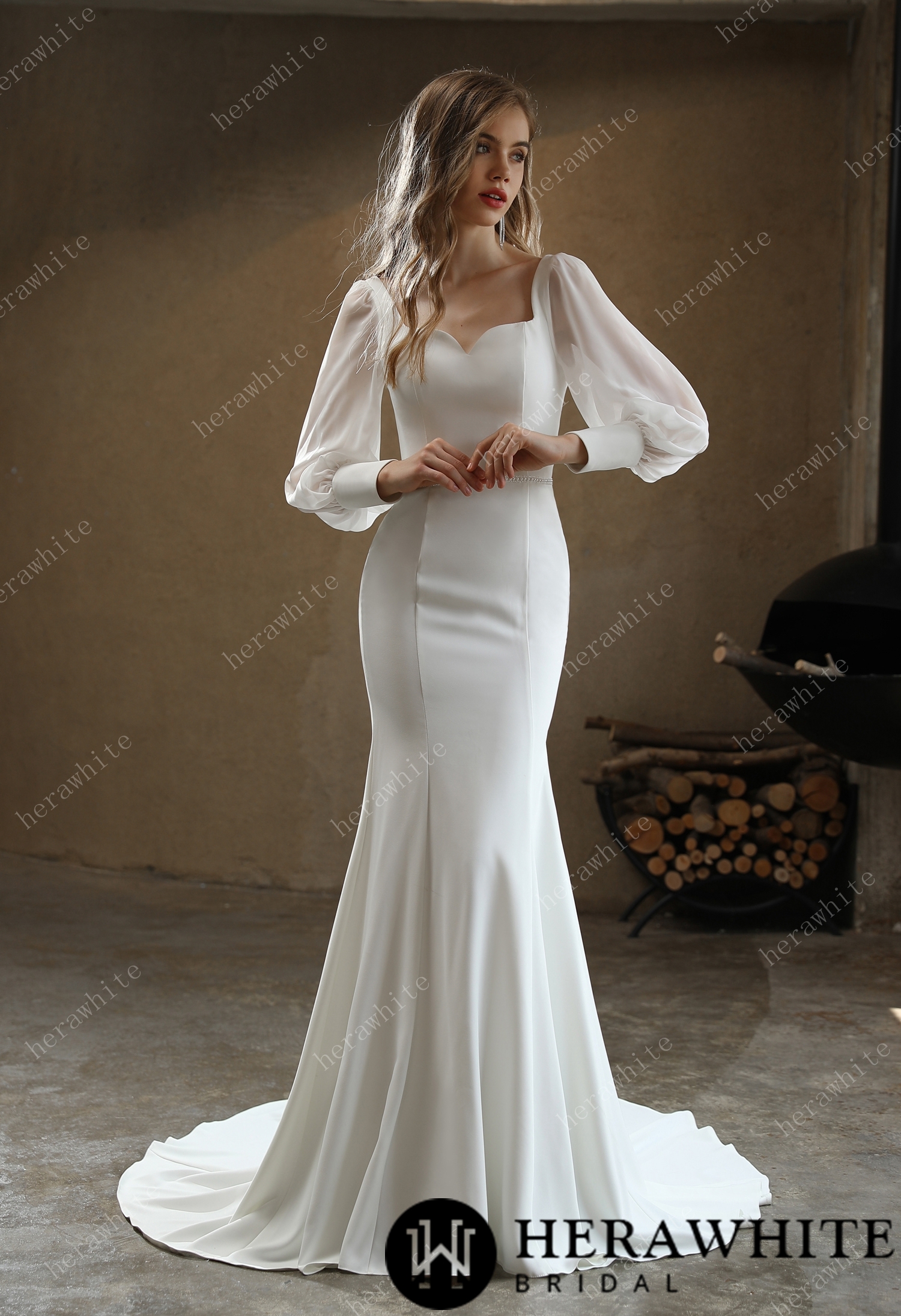 In Stock/ Classic Fit and Flare Wedding Gown with Puff Chiffon Sleeves