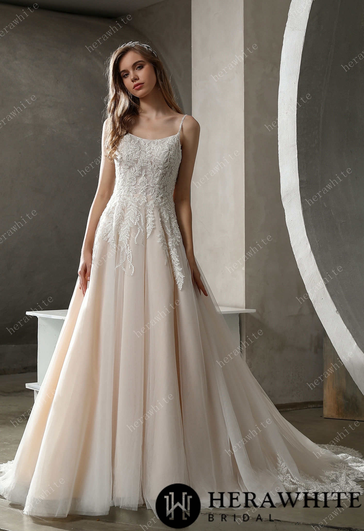 In Stock/ Beaded Lace A-line Wedding Gown with Scoop Neckline