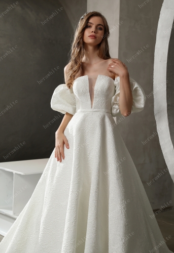 In Stock/ Clean Strapless Ball Gown with Satin Jacquard