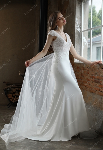 In Stock/ Crepe Sheath Wedding Dress with Lace Cap Sleeves