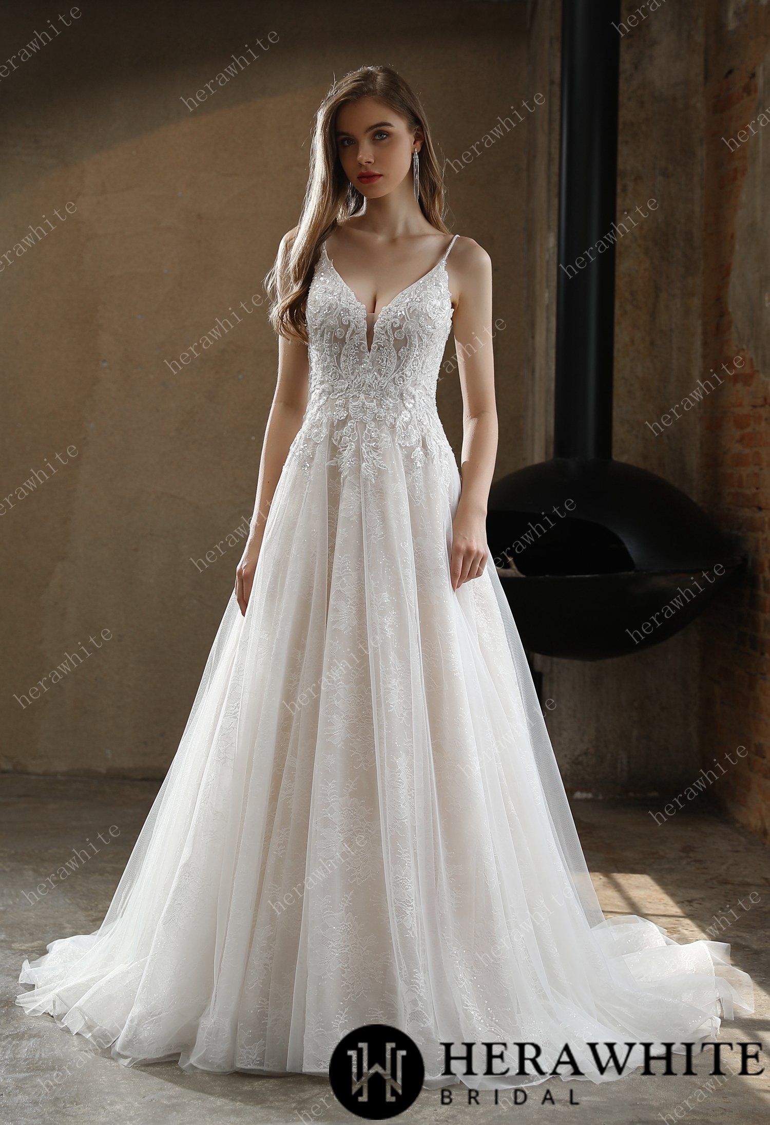 In Stock/ Beaded A-Line Wedding Dress with Spaghetti Straps