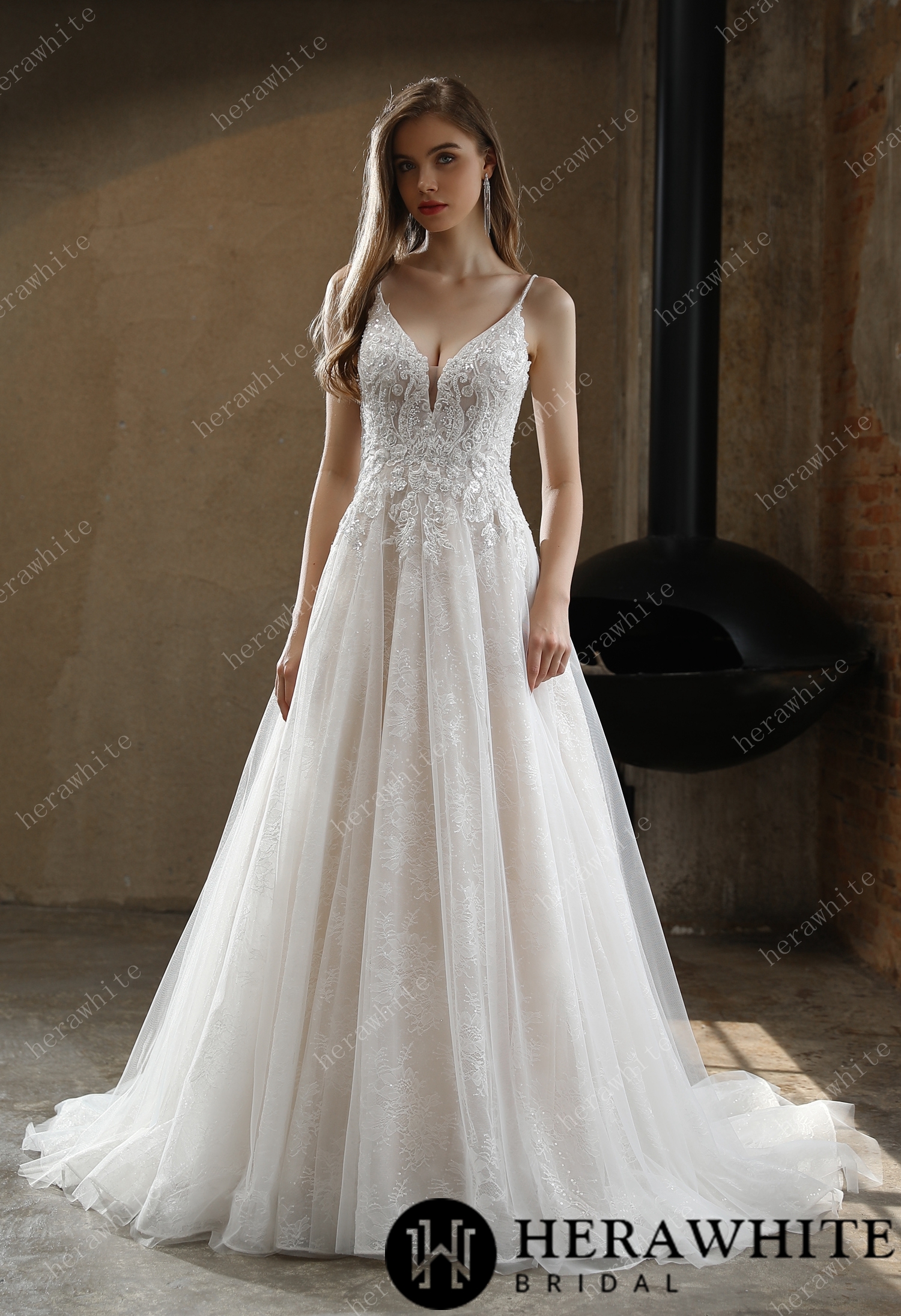 In Stock/ Beaded A-Line Spaghetti Straps Wedding Dress