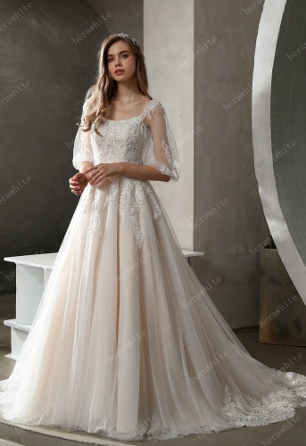 In Stock/ Beaded Lace A-line Wedding Gown with Scoop Neckline