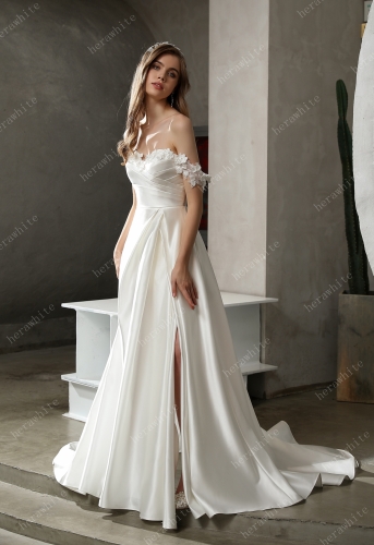 In Stock/ Satin Off-the-shoulder A-line Bridal Gown with Slit Skirt