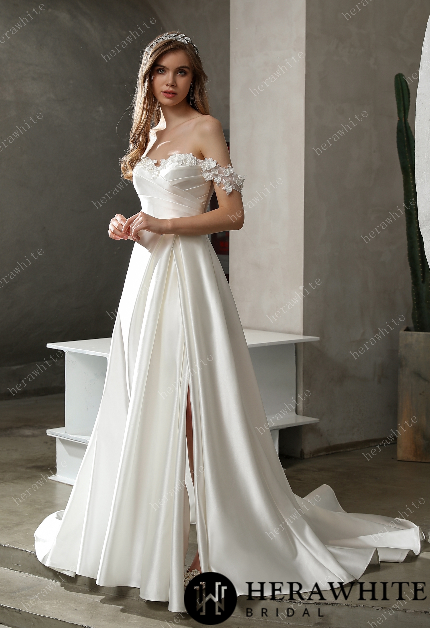 In Stock/ Satin Off-the-shoulder A-line Bridal Gown with Slit Skirt