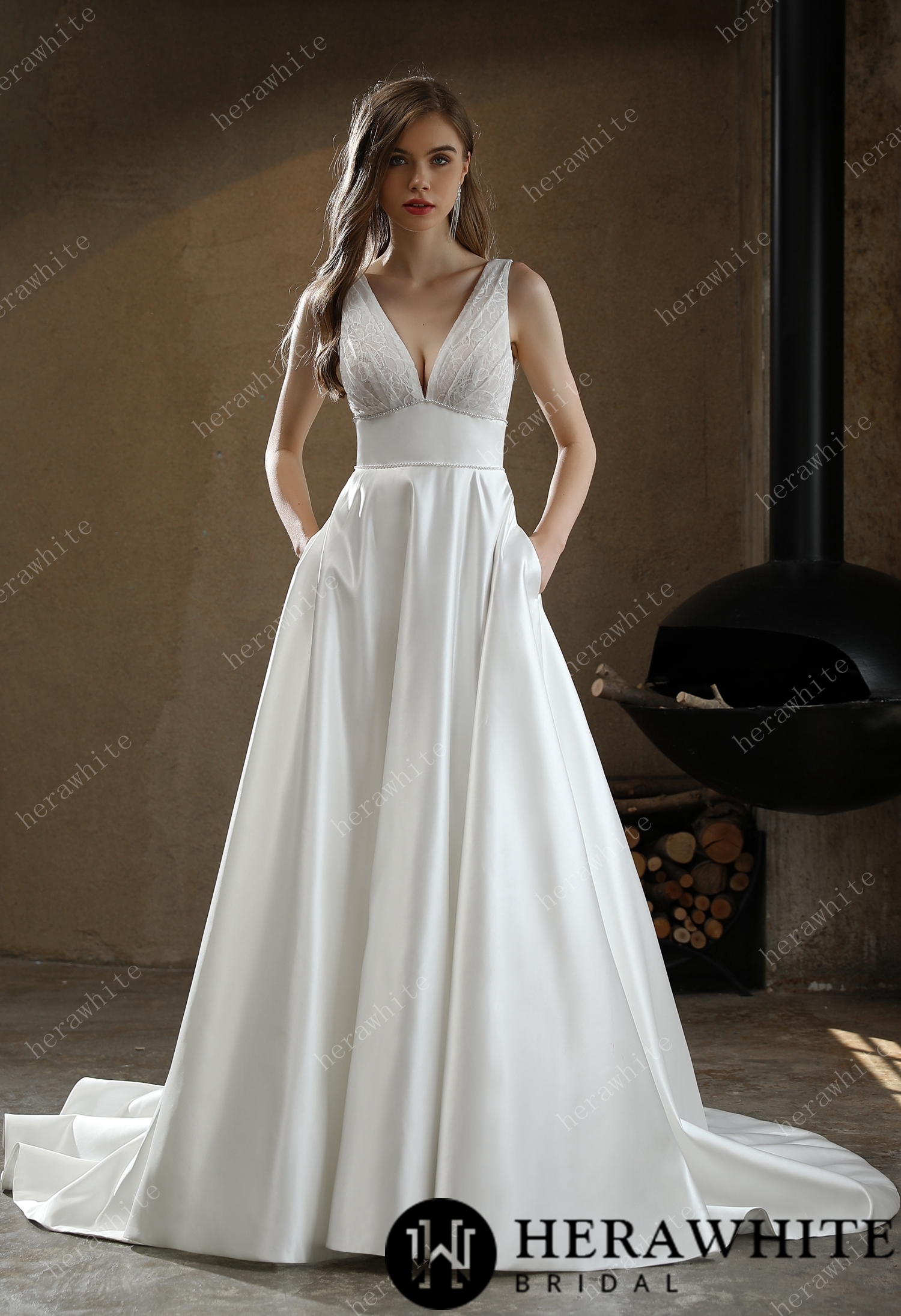 In Stock/ Timeless Satin V-neck Bridal Gown with Chapel Train