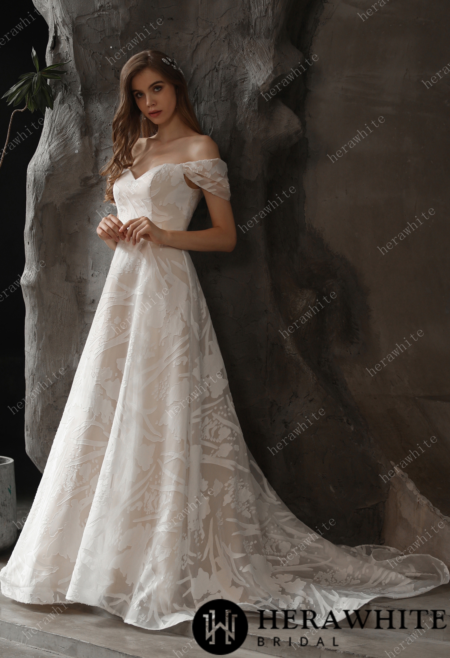 In Stock/ Allover Lace A-Line Wedding Dress with Off the shoulder Straps