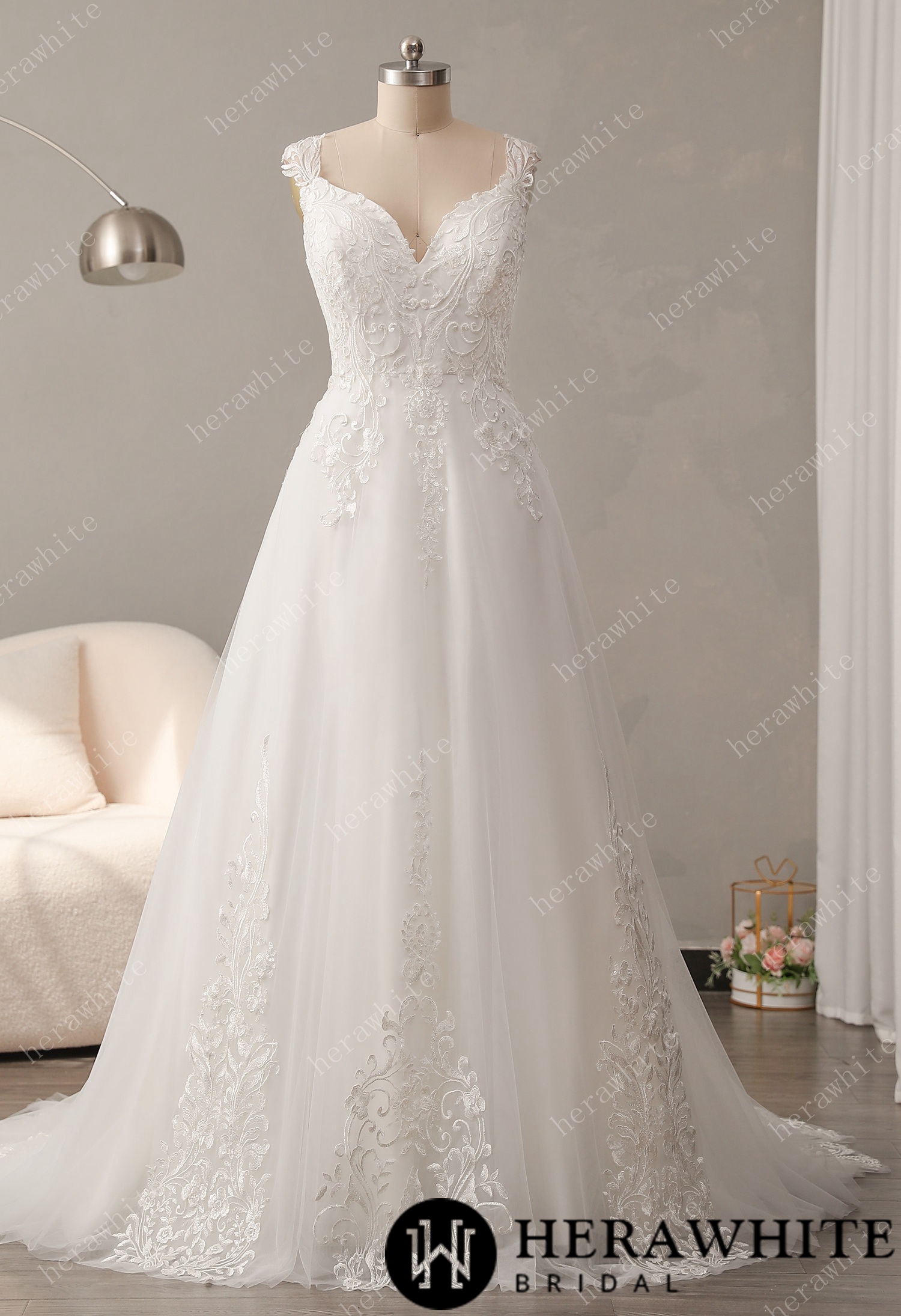 Timeless Lace Wedding Dress with V-neckline