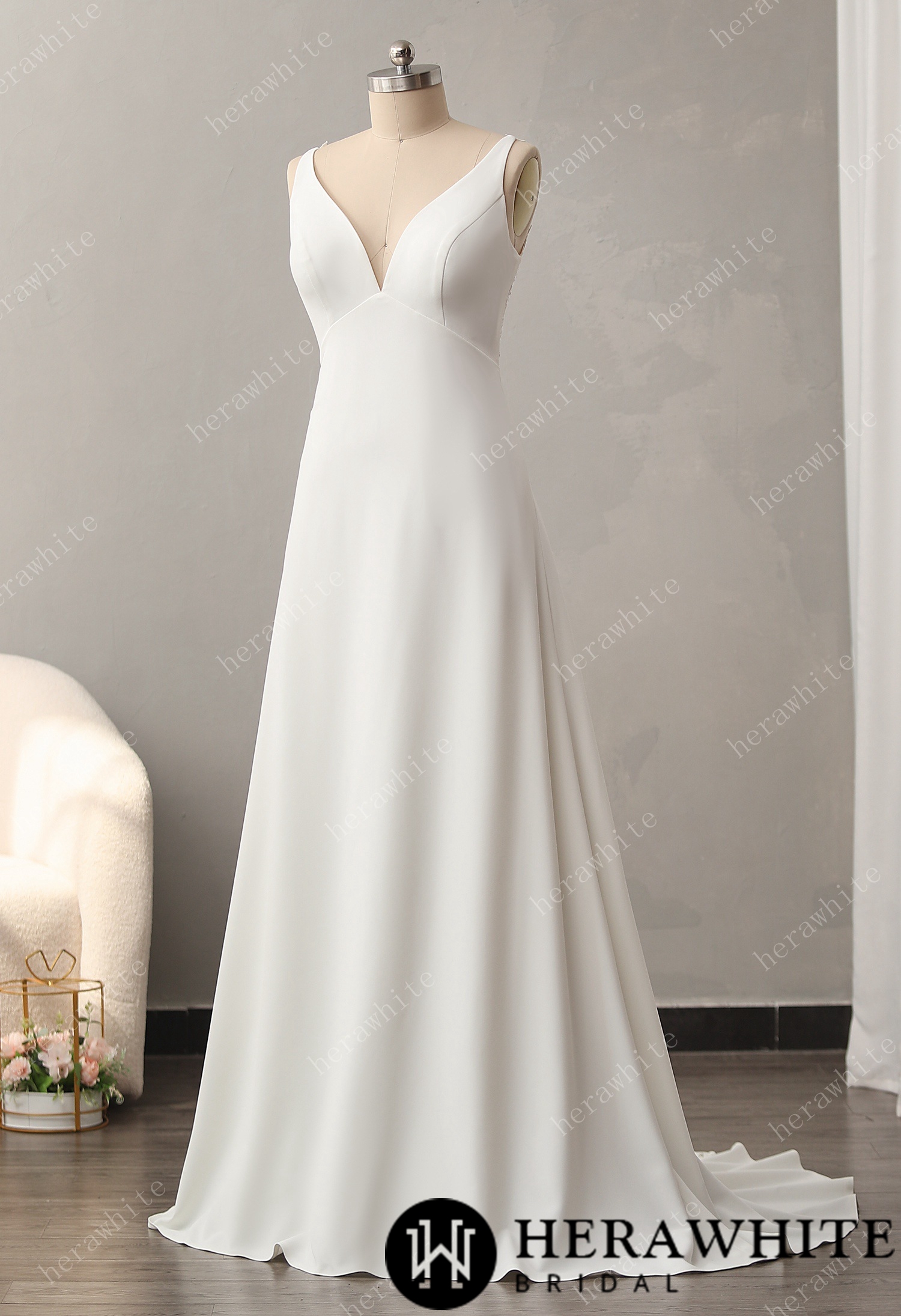 Empire Waist Crepe A-line Dress with Illusion Back