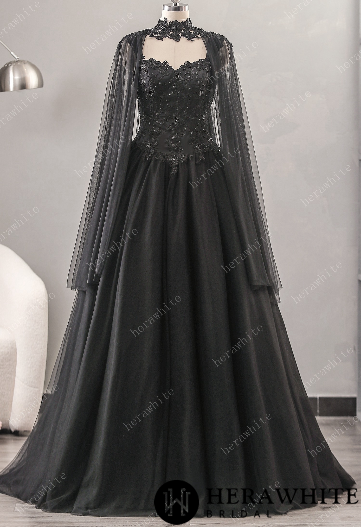 Relaxed A-Line Black Wedding Dress With Detachable Cape