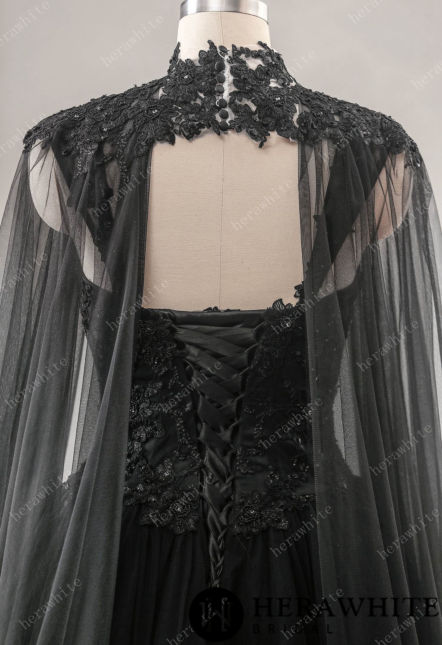 Relaxed A-Line Black Wedding Dress With Detachable Cape