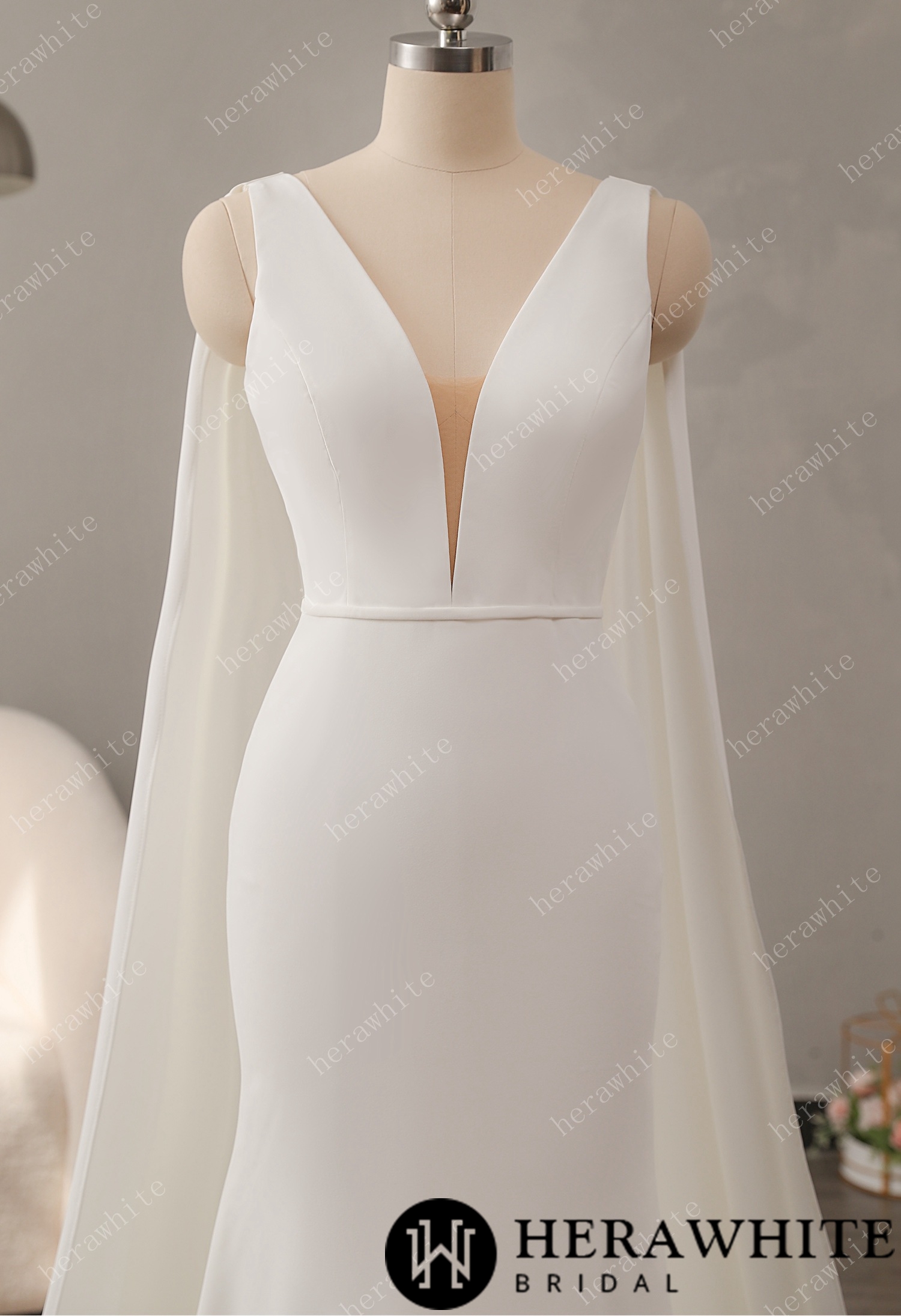 Deep V-neckline Crepe Wedding Dress with Detachable Cape