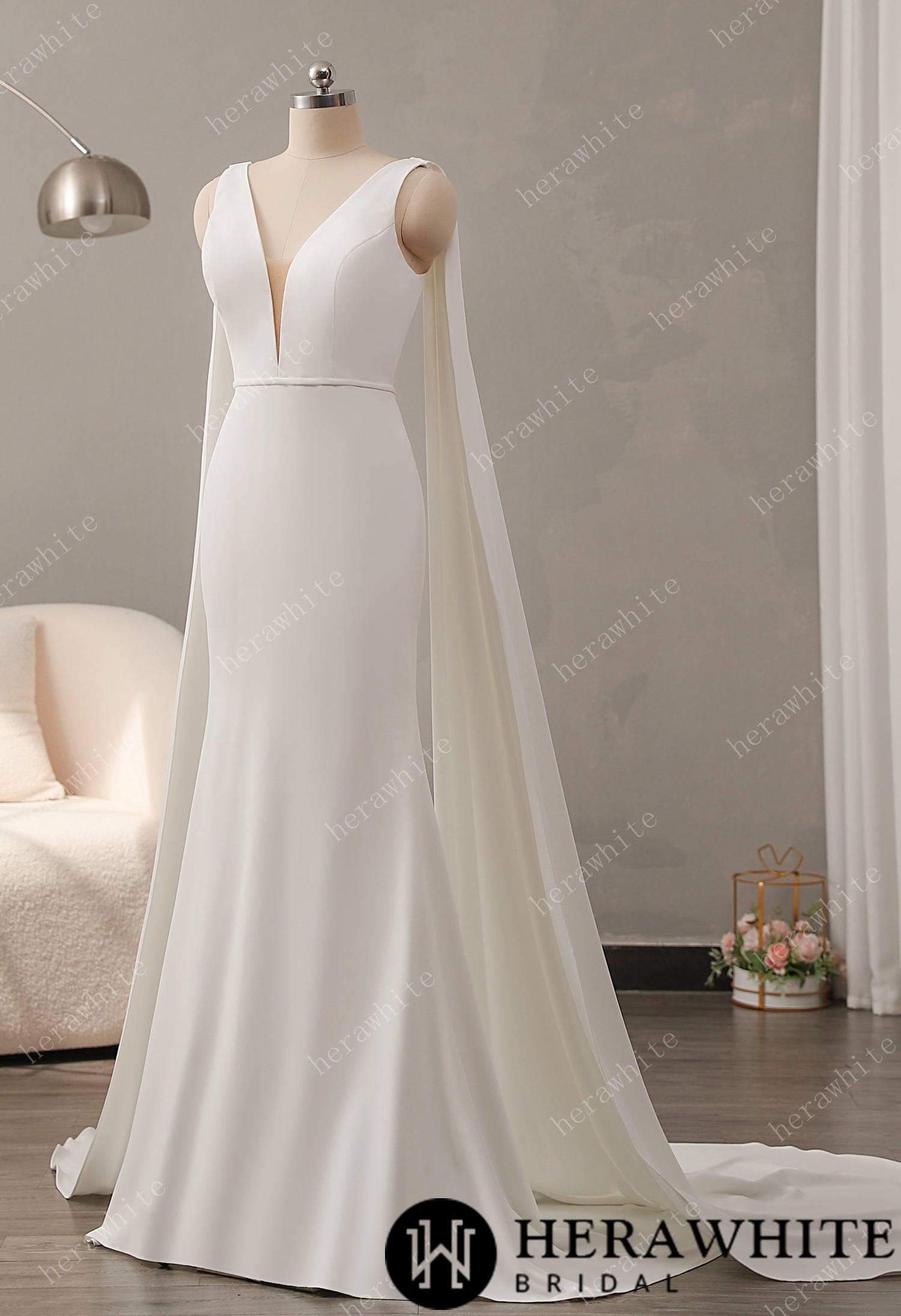 Deep V-neckline Crepe Wedding Dress with Detachable Cape