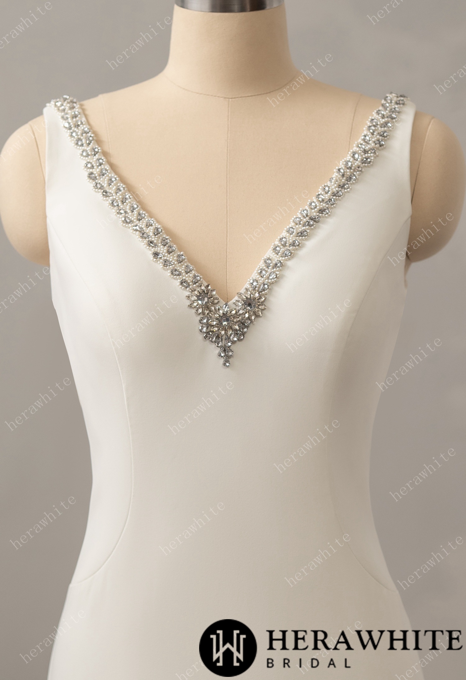 Crepe Beaded V-neck Wedding Dress with Open Back Detail