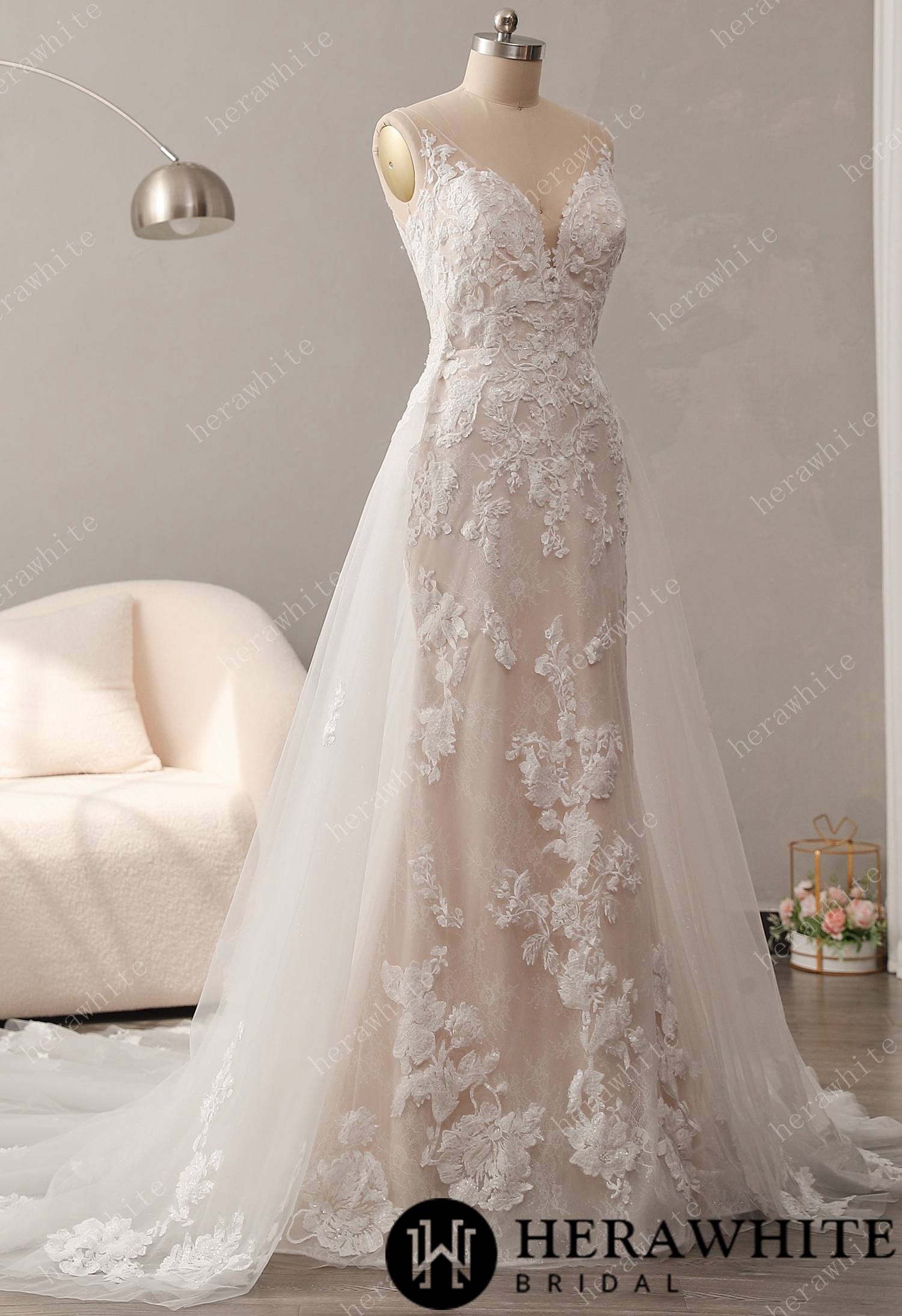 Glitter Tulle A-Line Wedding Dress with Detachable Train