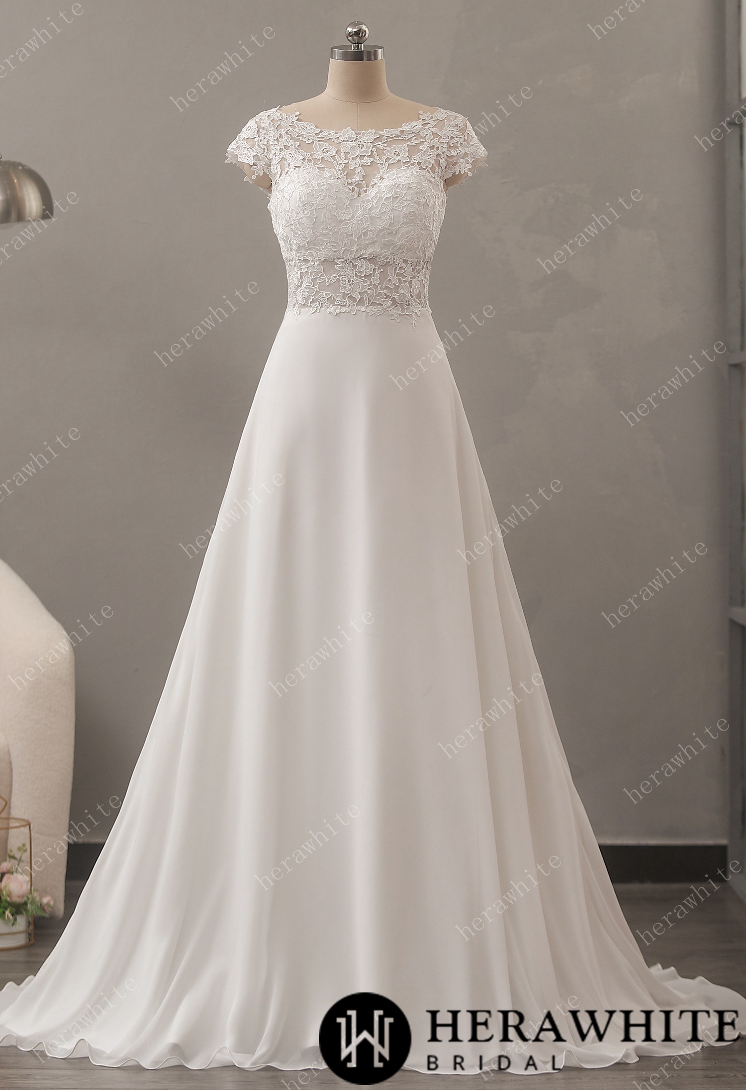 Chiffon Lace A-Line Wedding Dress with Cap Sleeve