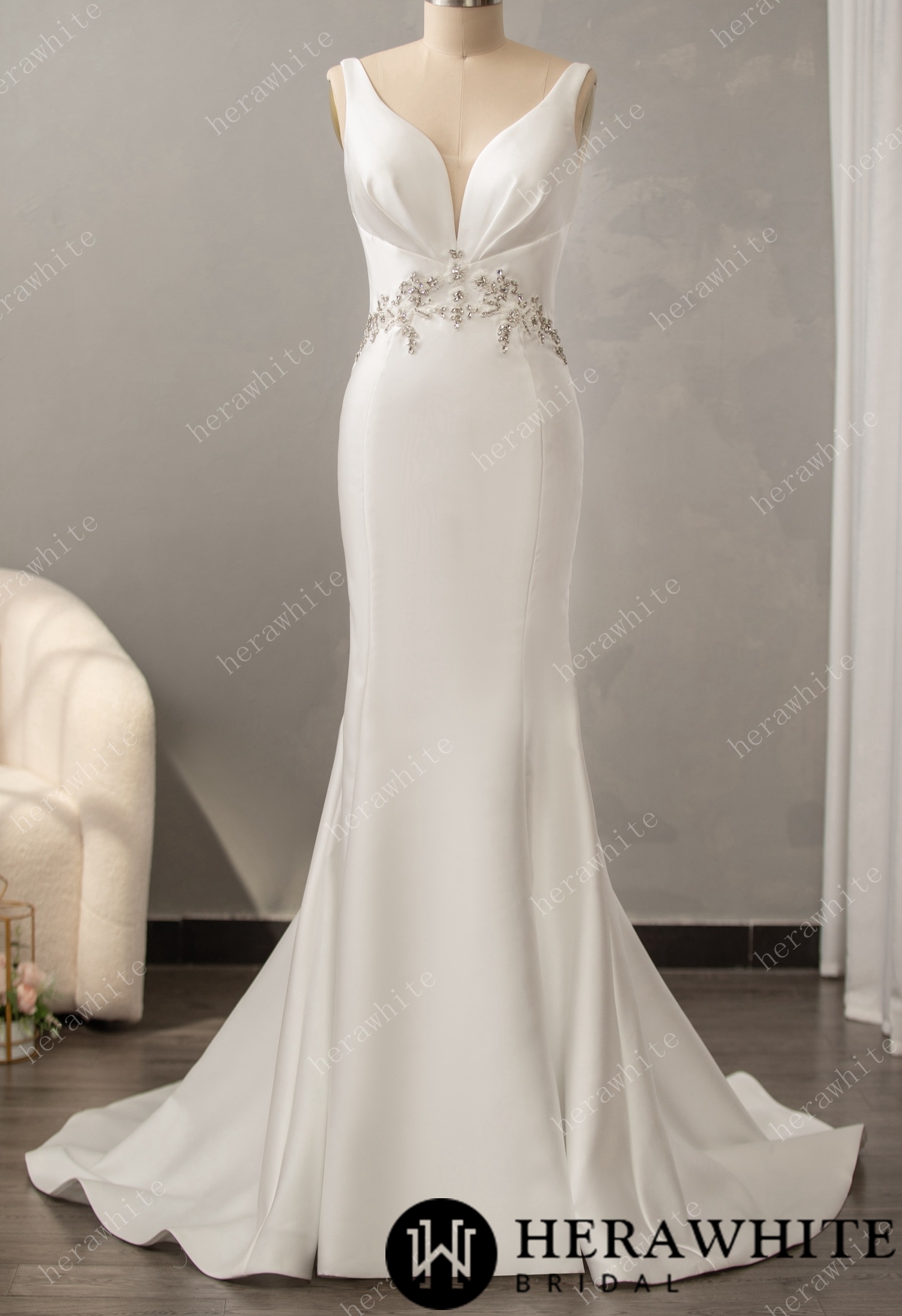 Deep V-neck Sleeveless with Open Back Wedding Dress