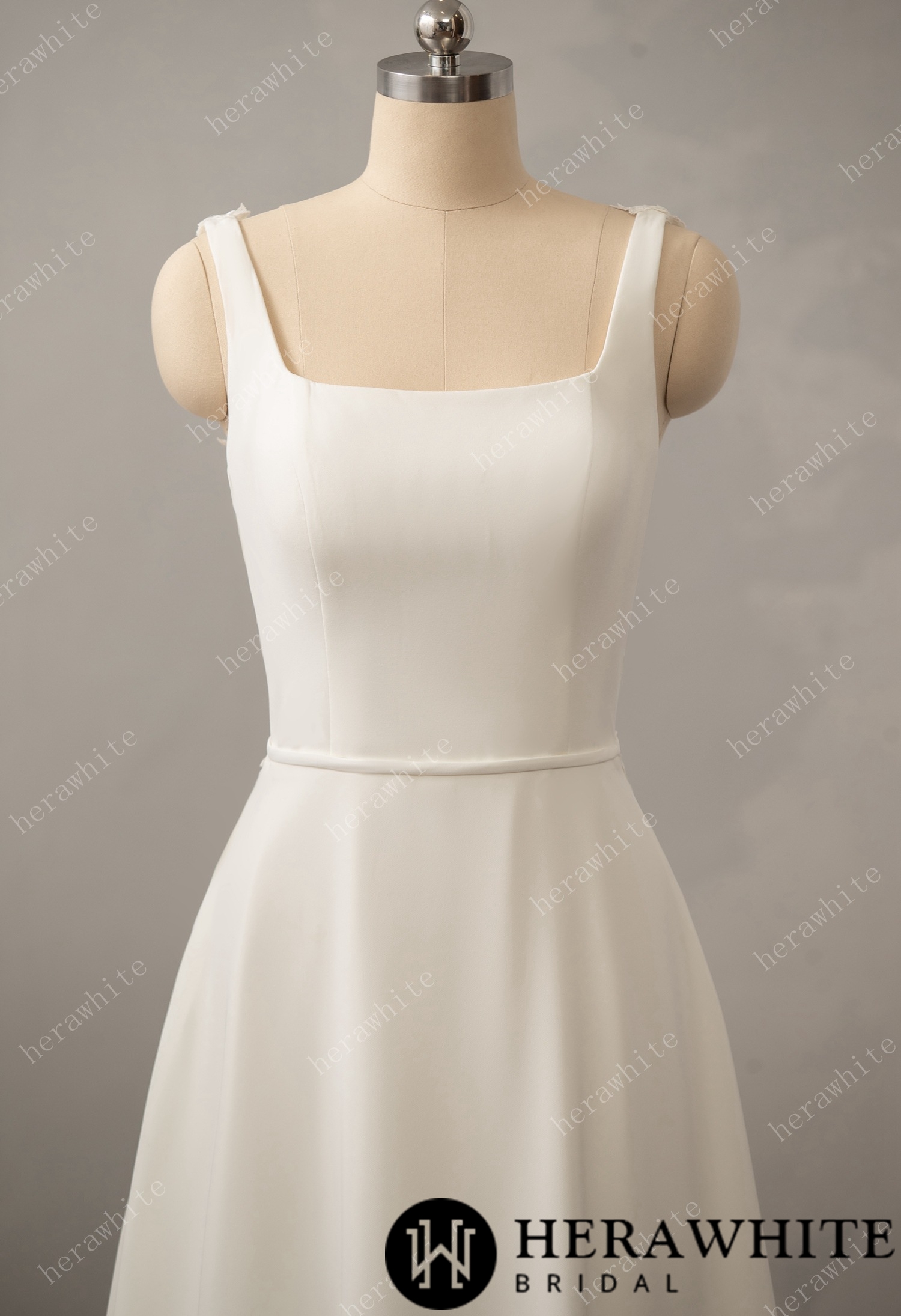 Square Neck Stretch Crepe A-line Gown with Illusion Back