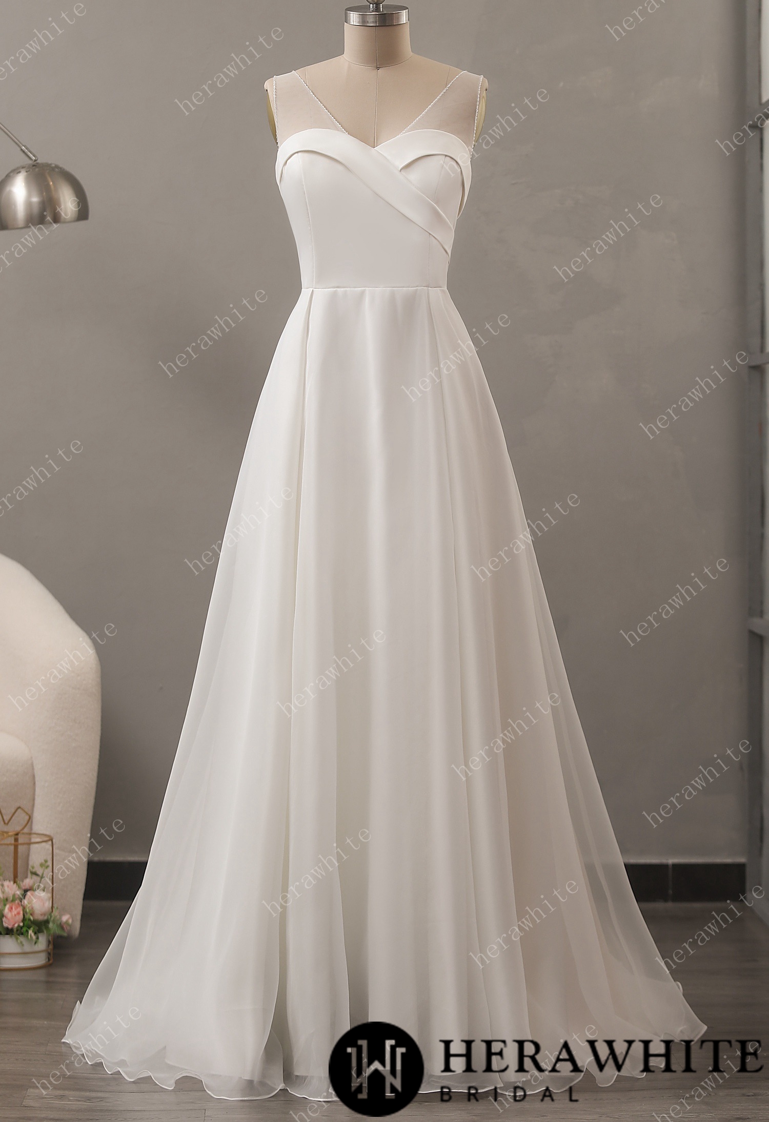 Elegant A-Line with Organza Skirt and V-neck