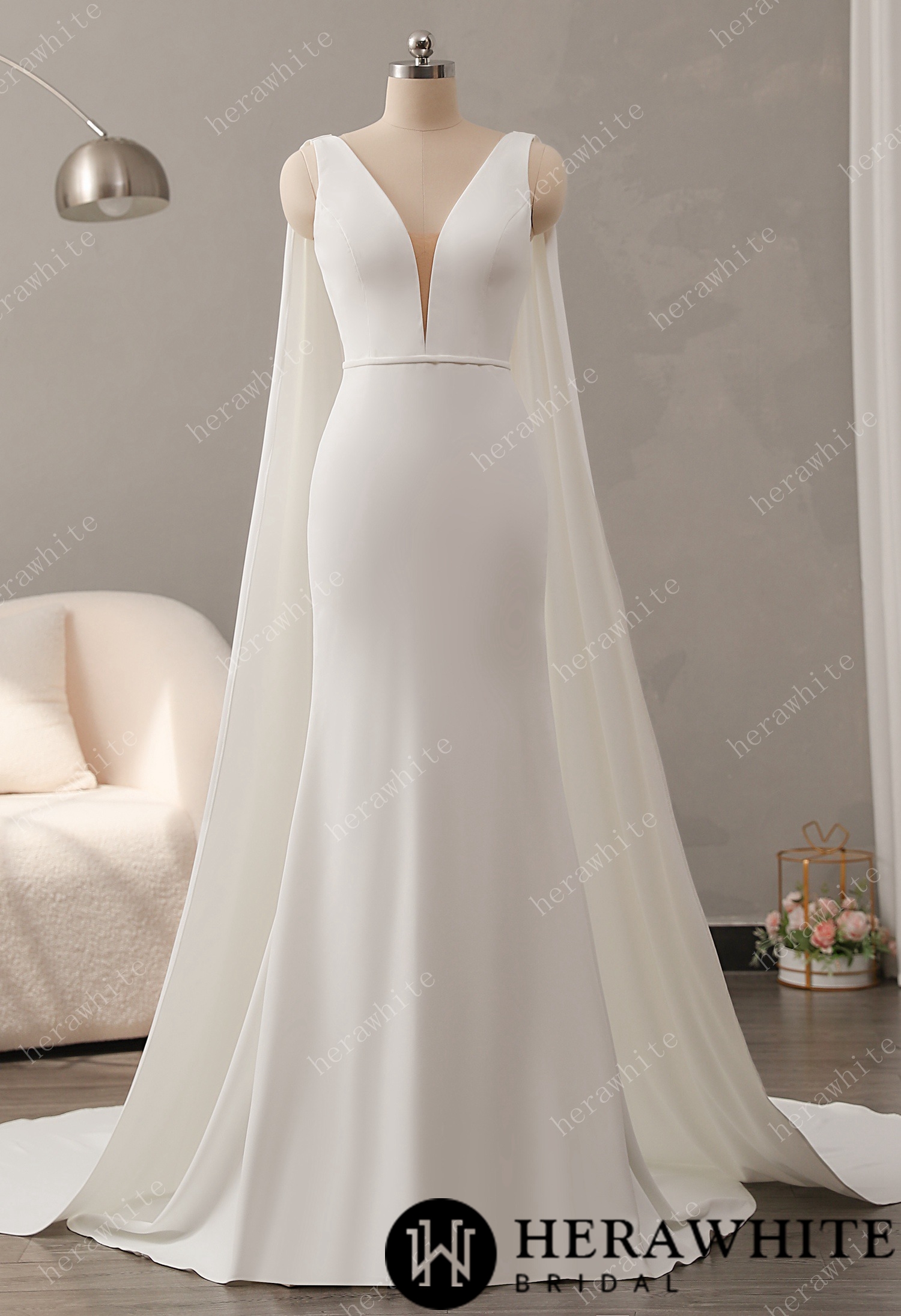 Deep V-neckline Crepe Wedding Dress with Detachable Cape