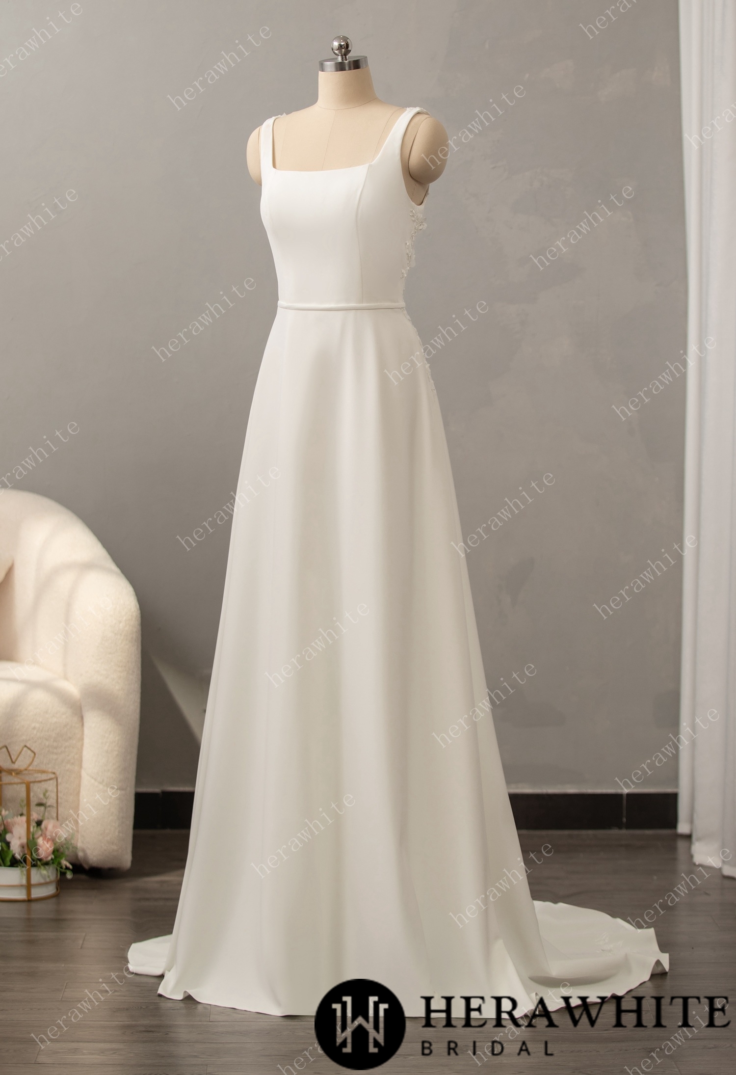 Square Neck Stretch Crepe A-line Gown with Illusion Back